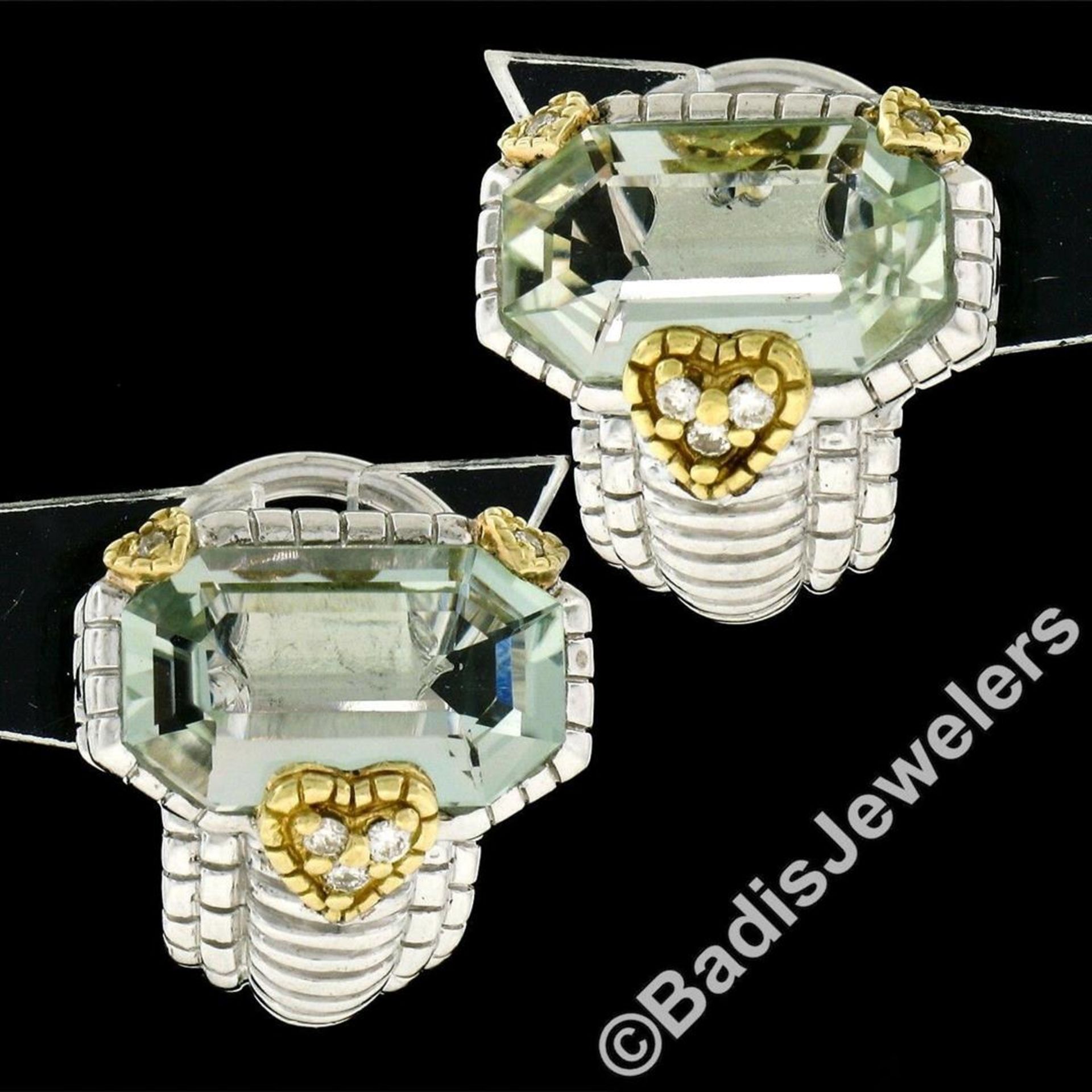Judith Ripka Sterling Silver and 18kt Yellow Gold Prasiolite and Diamond Earring - Image 2 of 6