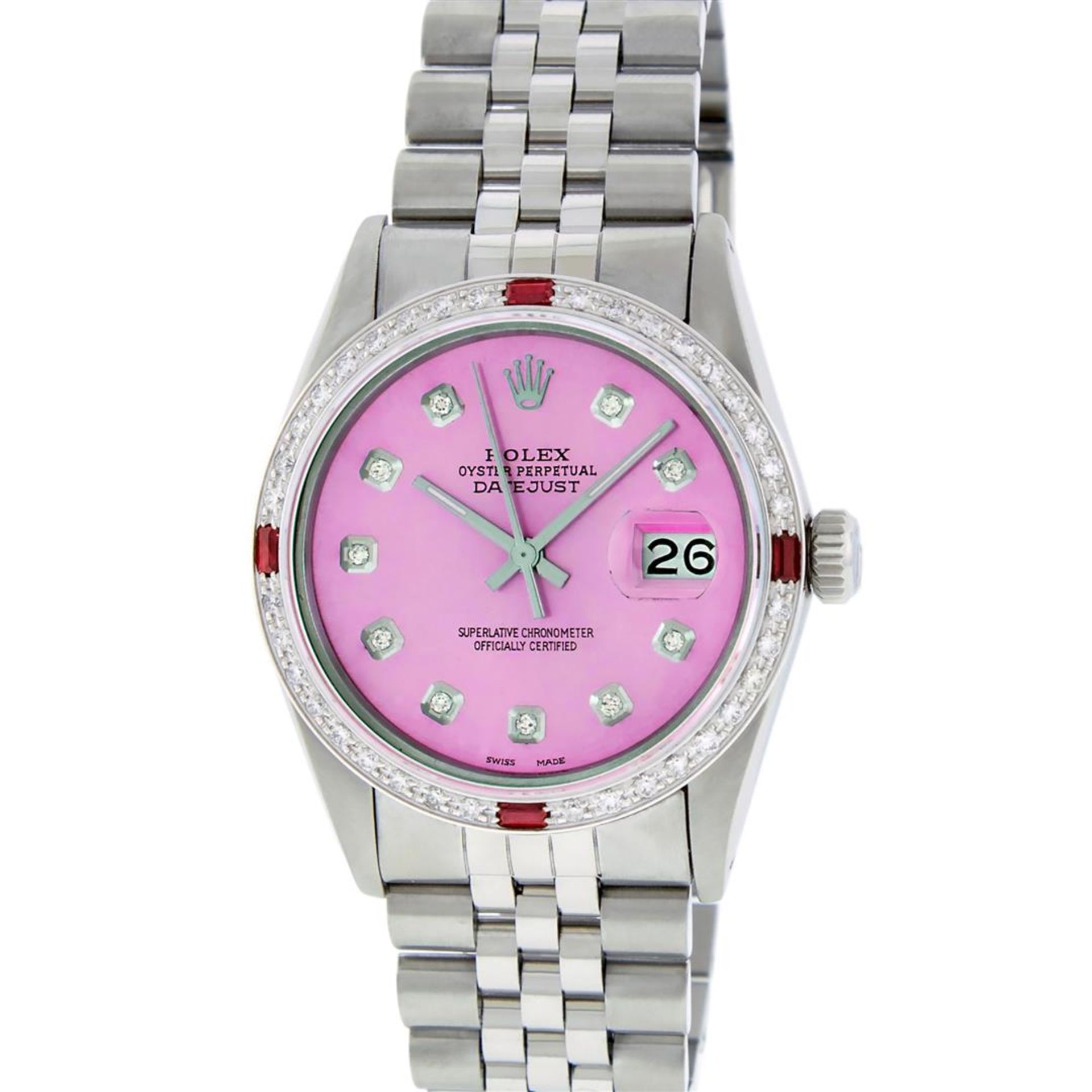 Rolex Mens Stainless Steel Pink Diamond & Ruby 36MM Datejust Wristwatch - Image 6 of 9