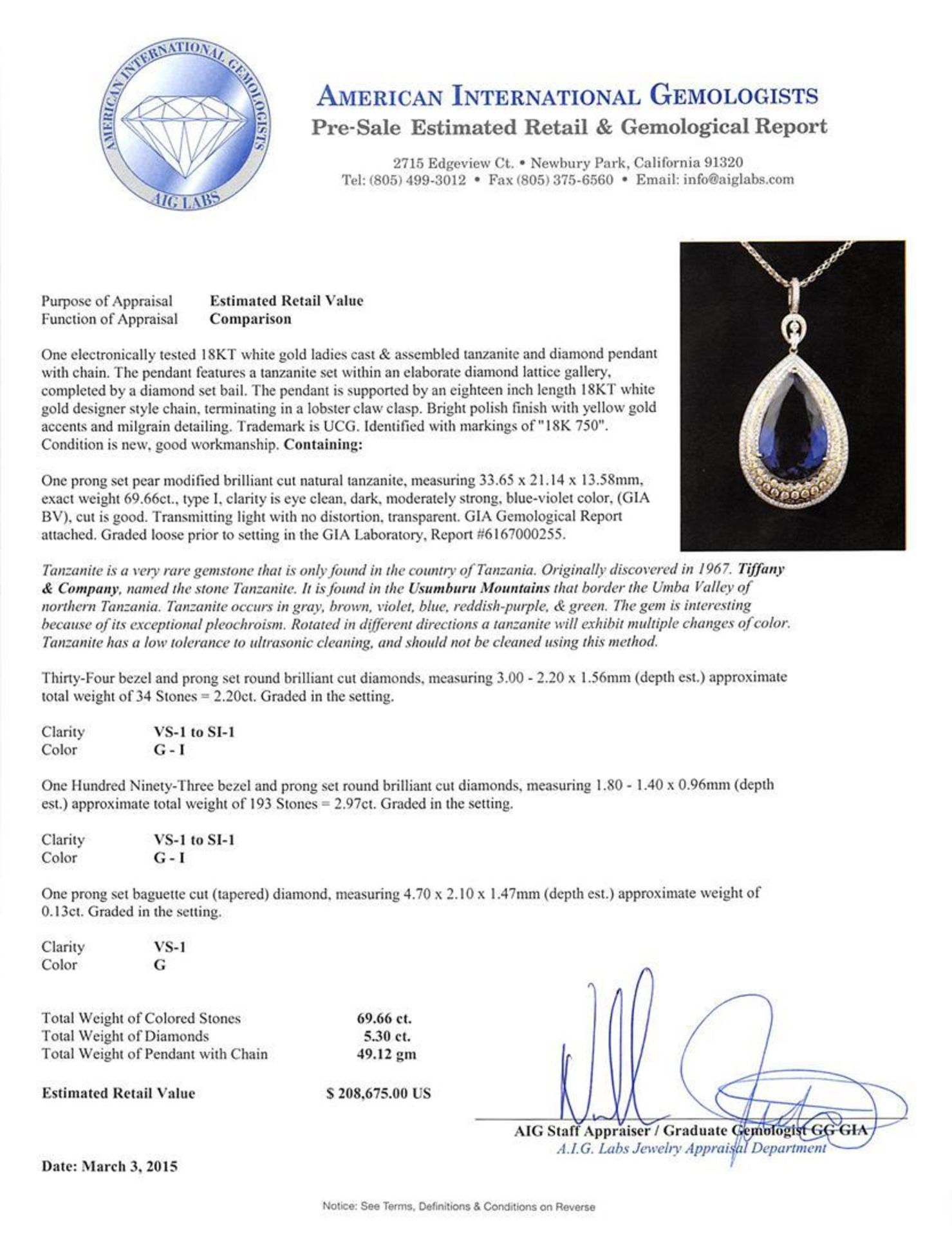 18KT White Gold GIA Certified 69.66 ctw Tanzanite and Diamond Pendant With Chain - Image 4 of 5