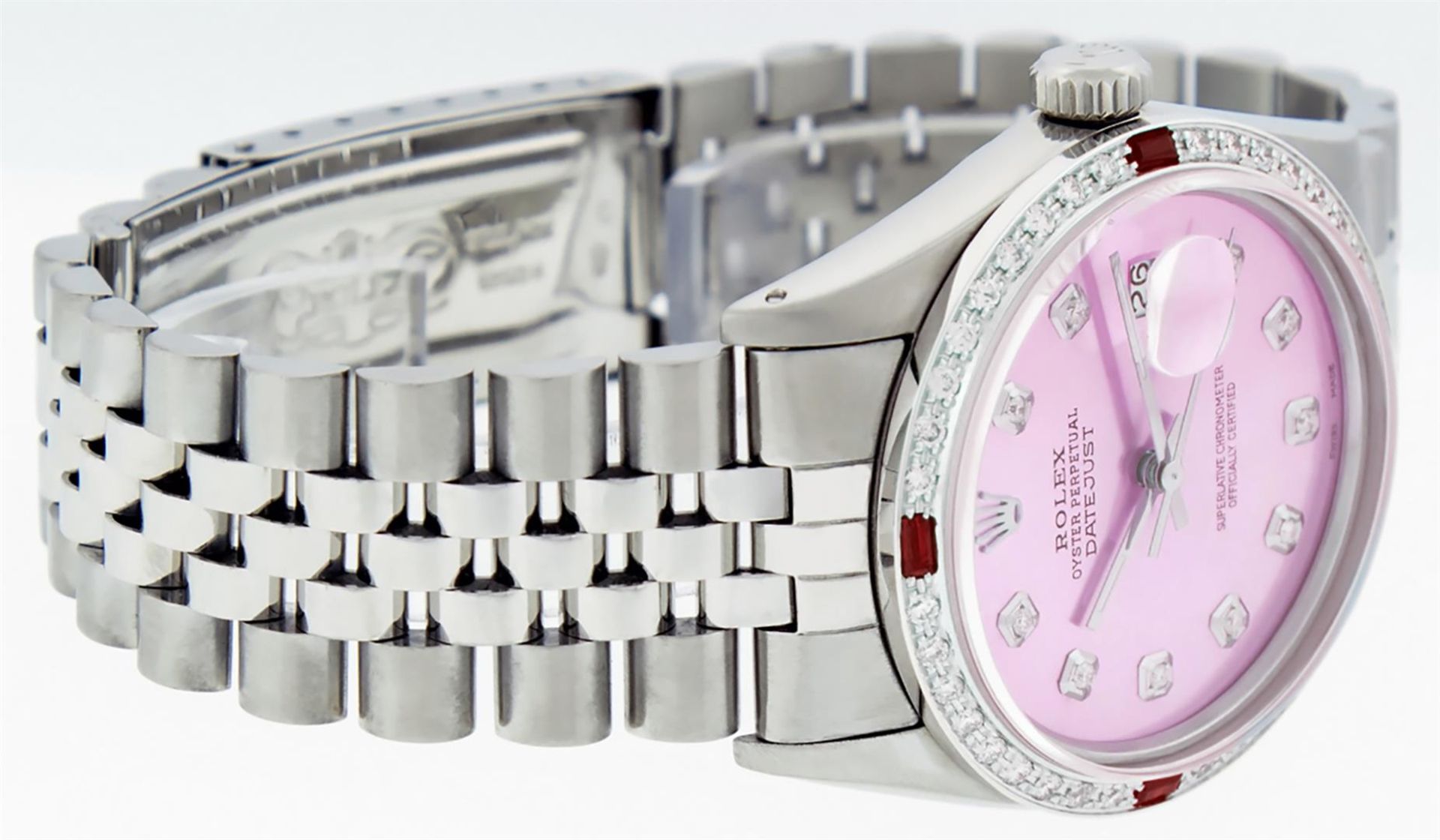 Rolex Mens Stainless Steel Pink Diamond & Ruby 36MM Datejust Wristwatch - Image 7 of 9