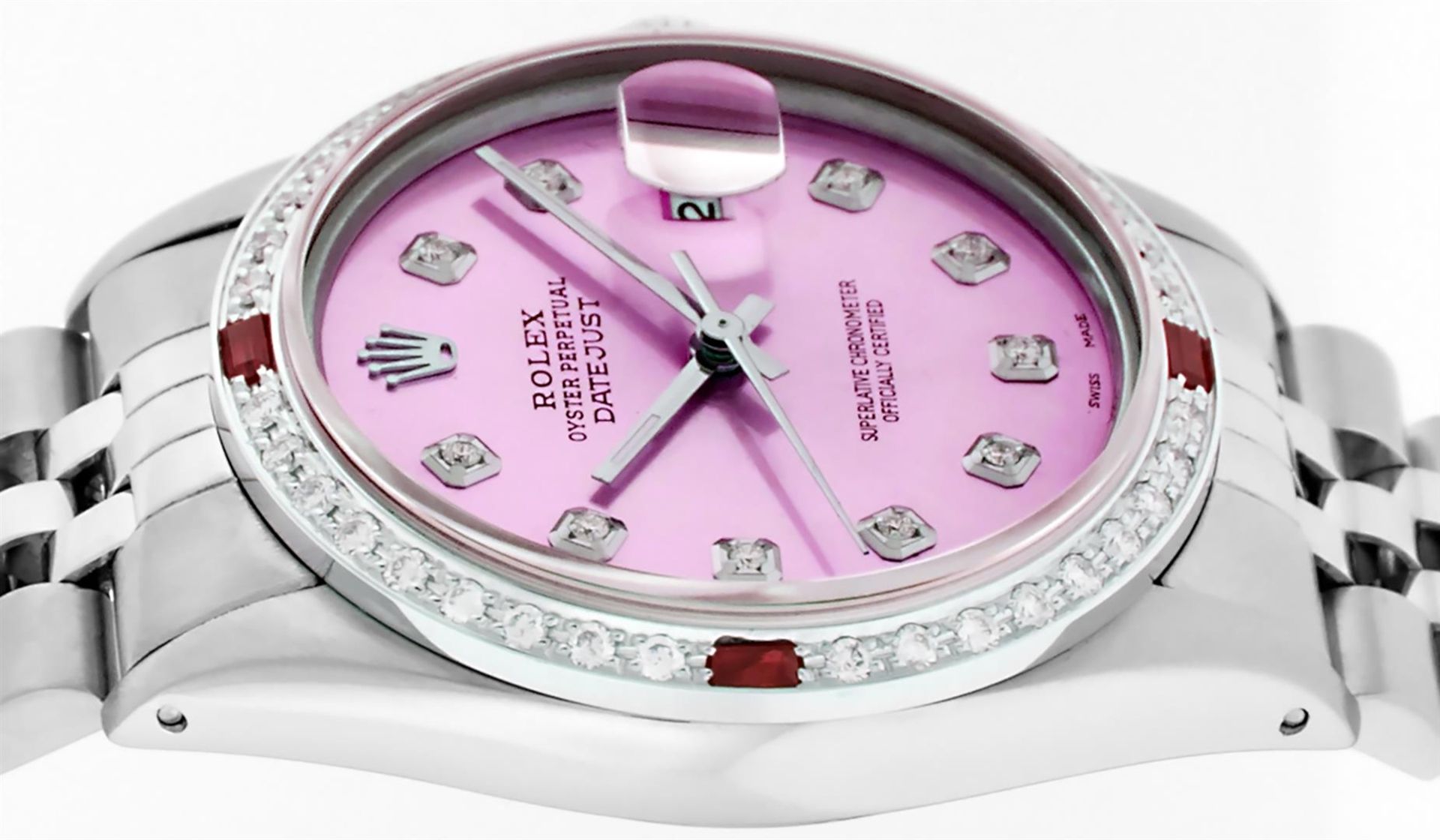 Rolex Mens Stainless Steel Pink Diamond & Ruby 36MM Datejust Wristwatch - Image 5 of 9