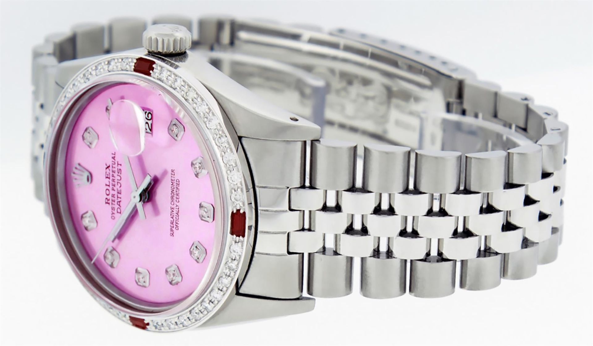 Rolex Mens Stainless Steel Pink Diamond & Ruby 36MM Datejust Wristwatch - Image 2 of 9