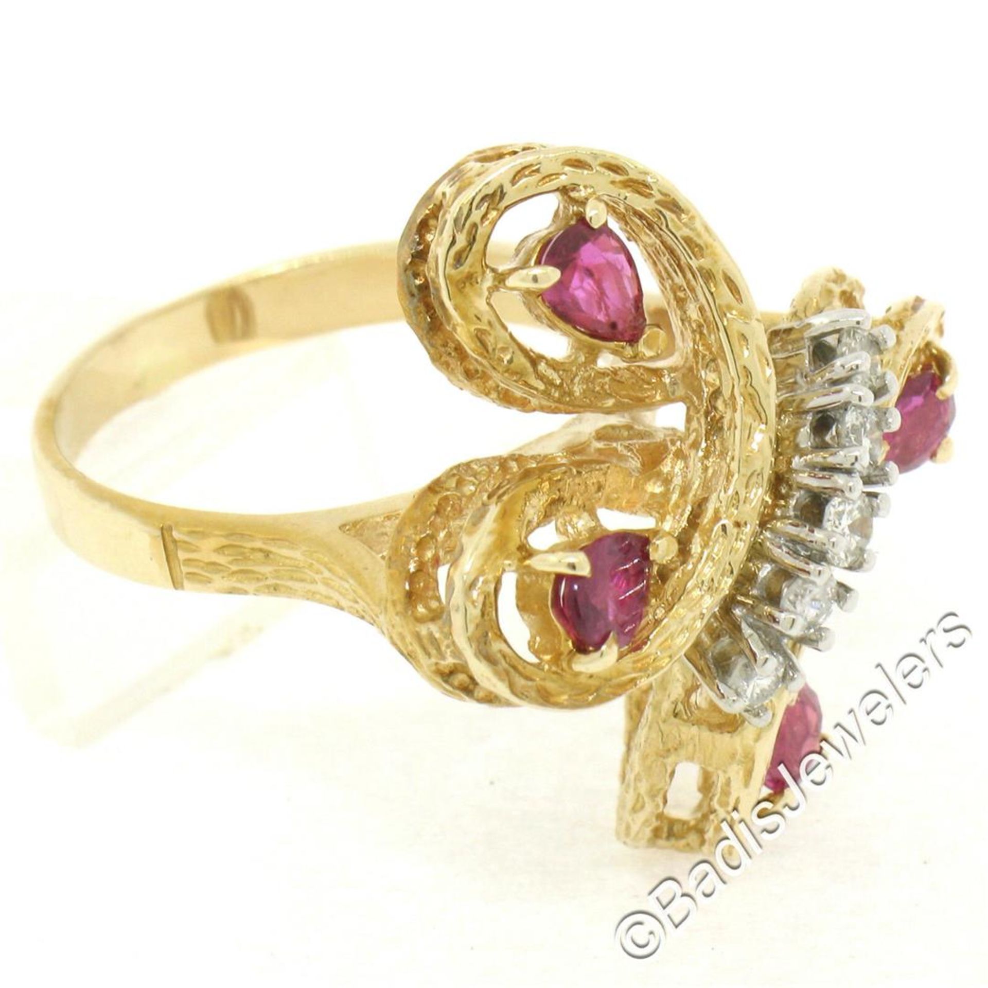 Vintage Detailed 14kt Yellow Gold 1.35ctw Pear Ruby Round Diamond Open Butterfly - Image 2 of 8