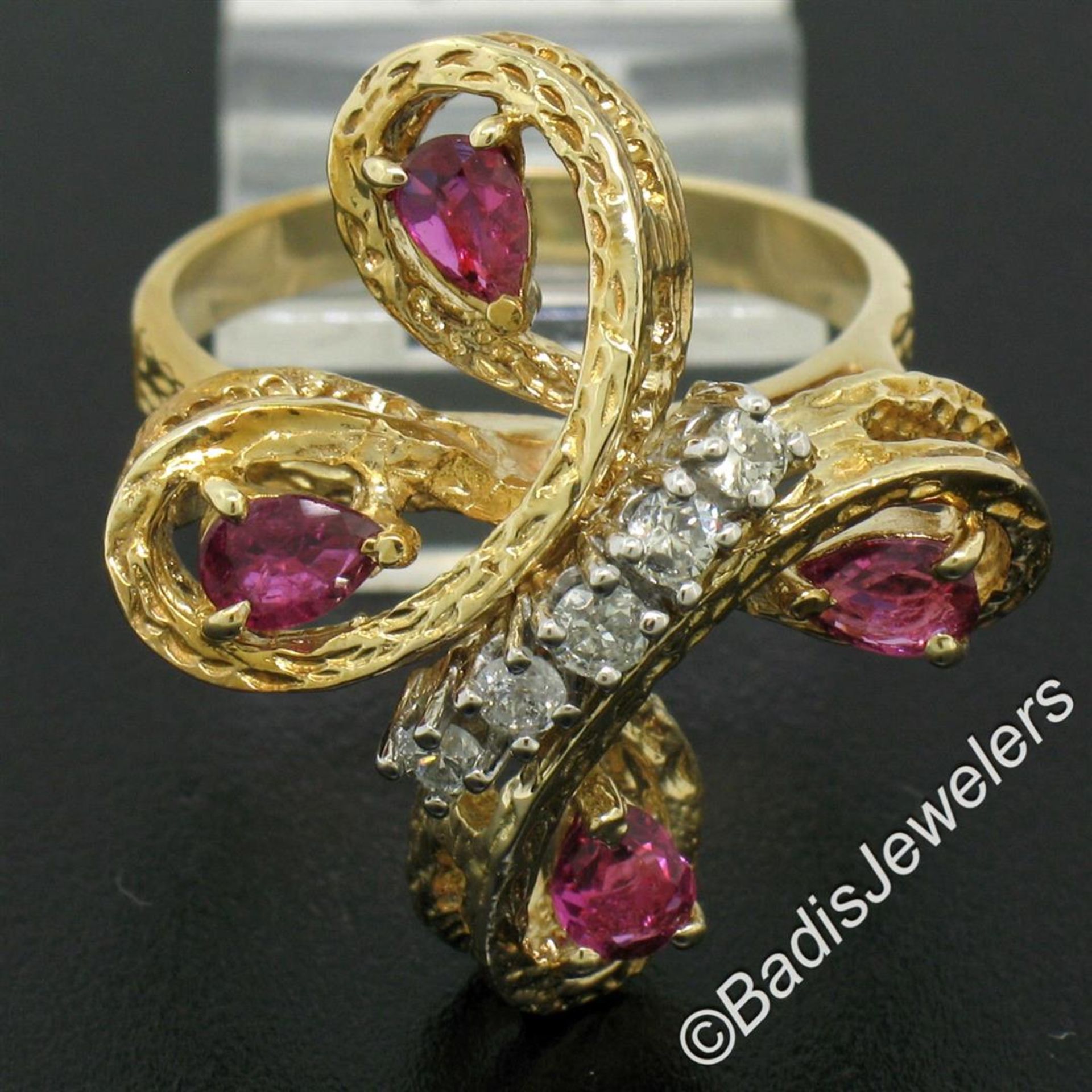 Vintage Detailed 14kt Yellow Gold 1.35ctw Pear Ruby Round Diamond Open Butterfly - Image 5 of 8