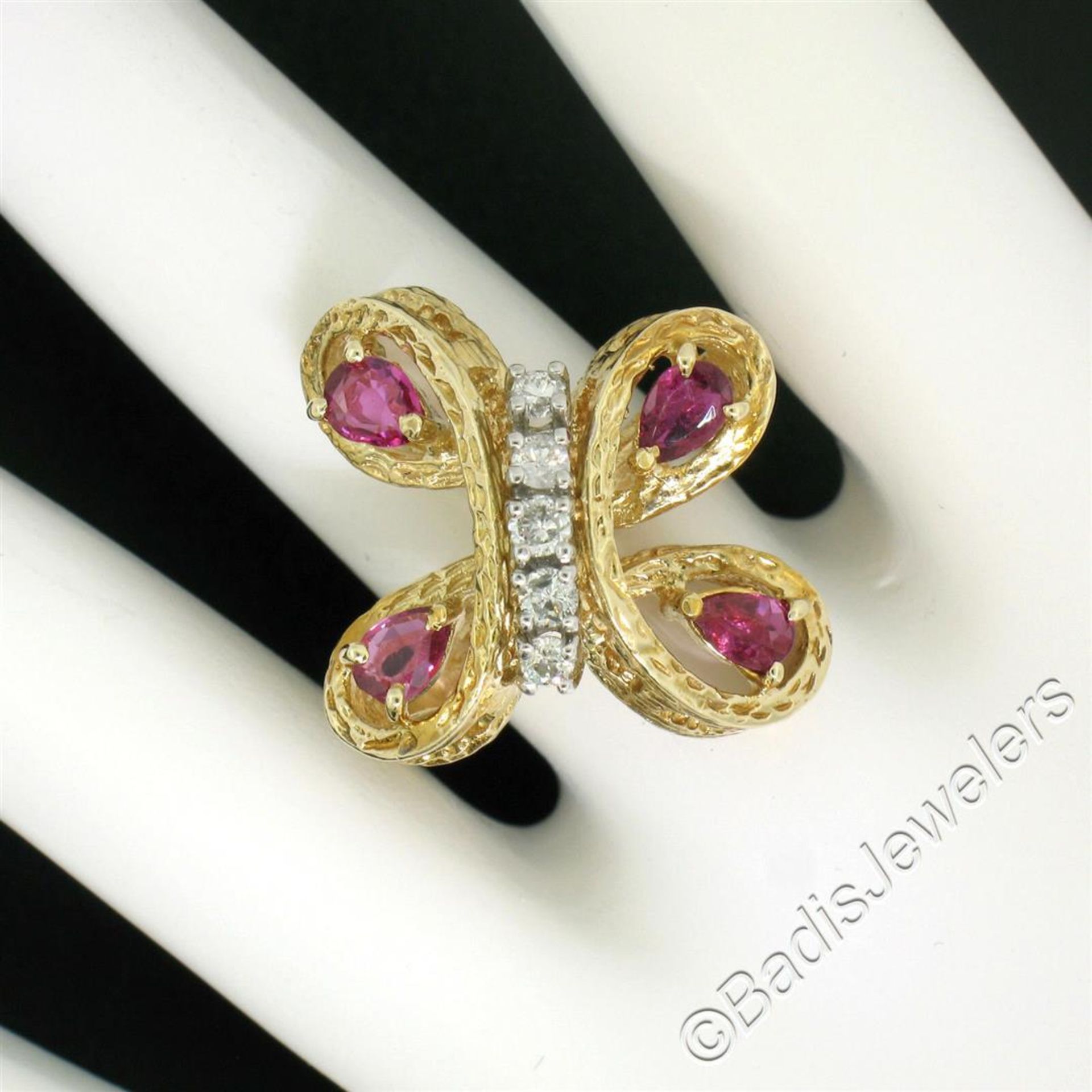 Vintage Detailed 14kt Yellow Gold 1.35ctw Pear Ruby Round Diamond Open Butterfly - Image 3 of 8