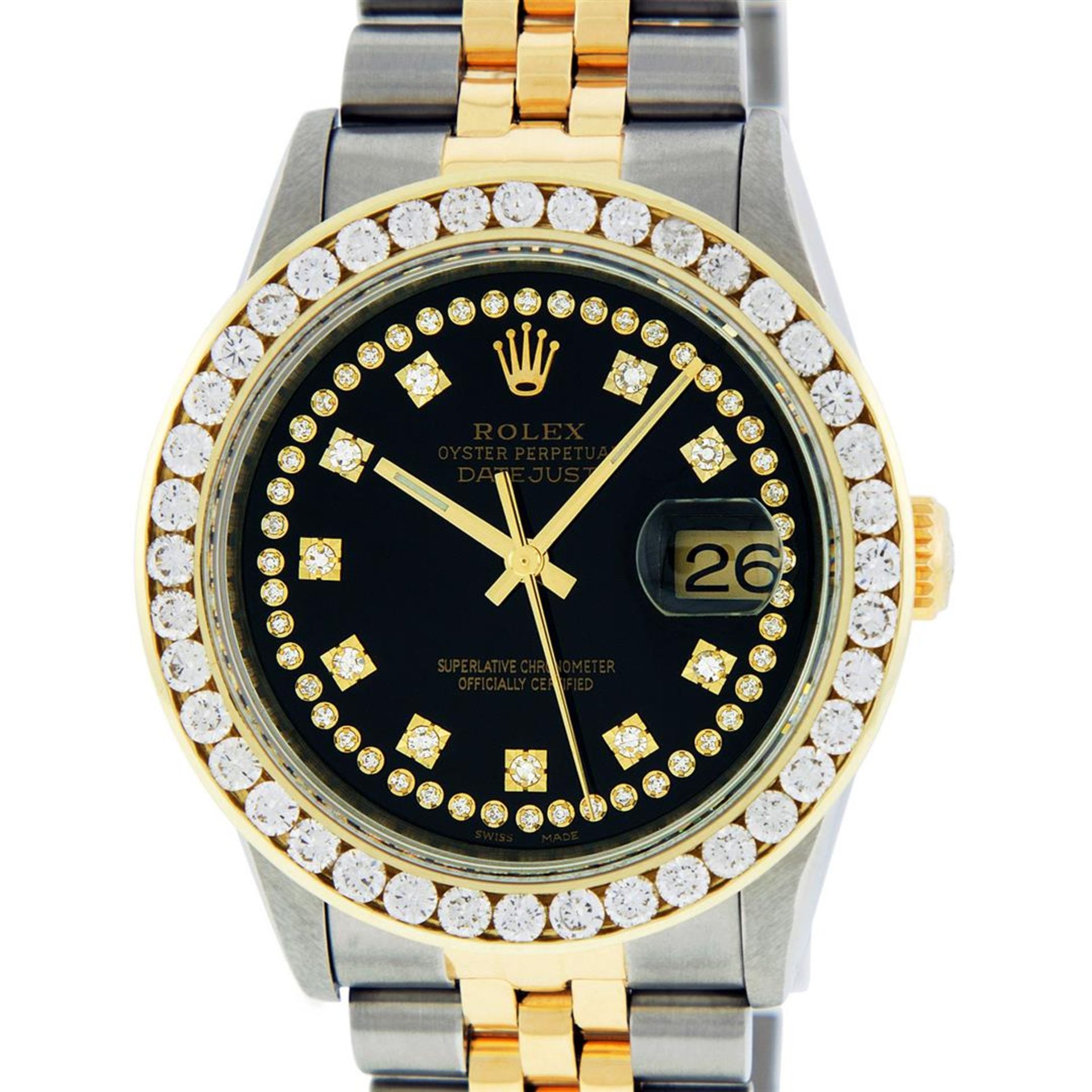 Rolex Mens 2 Tone Black String VS 3ctw Channel Set Diamond Datejust Wristwatch