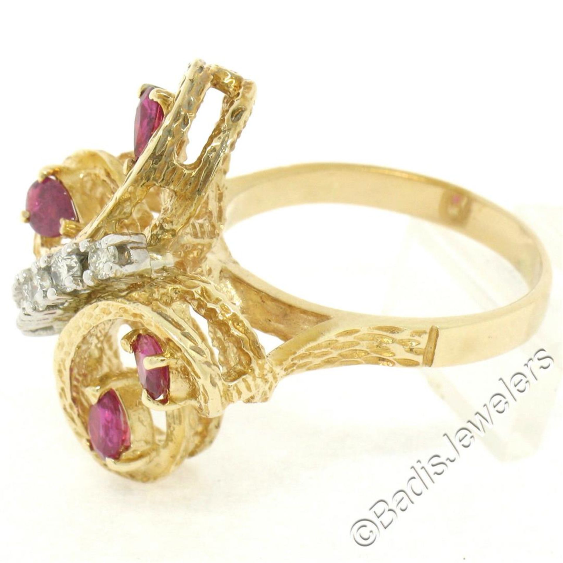 Vintage Detailed 14kt Yellow Gold 1.35ctw Pear Ruby Round Diamond Open Butterfly - Image 6 of 8