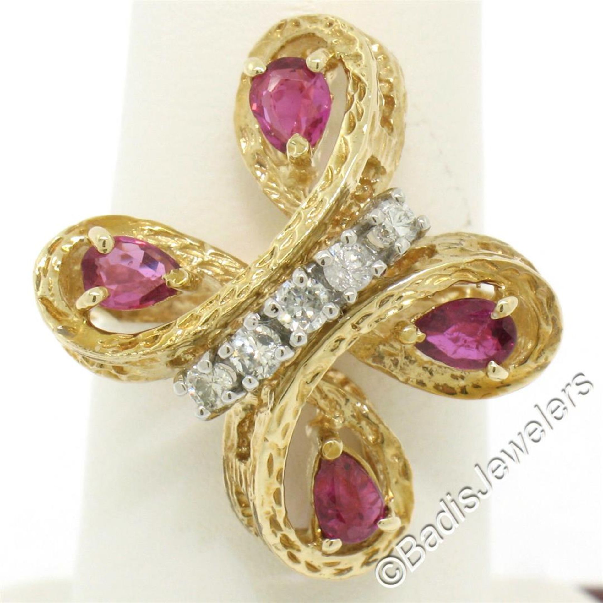 Vintage Detailed 14kt Yellow Gold 1.35ctw Pear Ruby Round Diamond Open Butterfly - Image 4 of 8