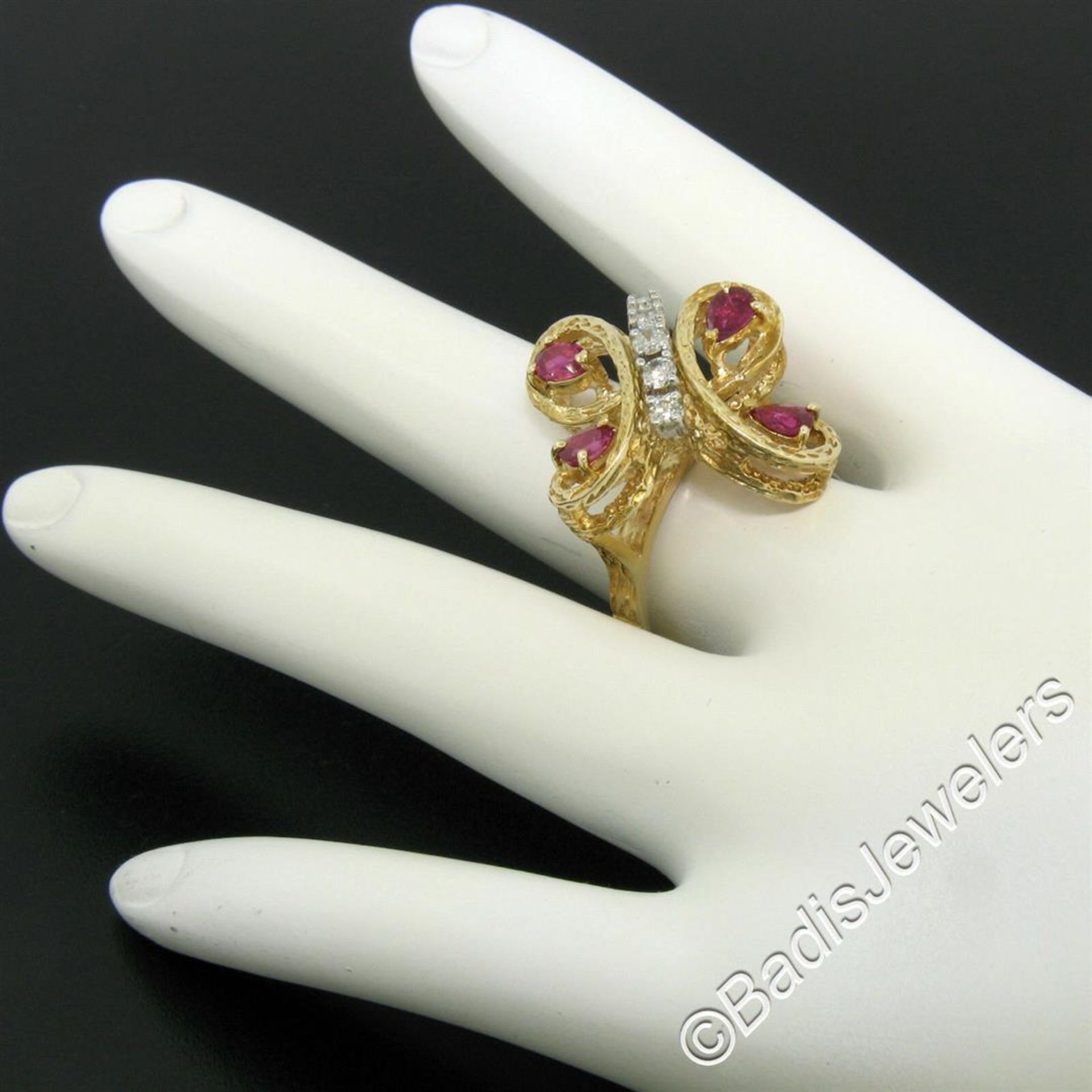 Vintage Detailed 14kt Yellow Gold 1.35ctw Pear Ruby Round Diamond Open Butterfly - Image 8 of 8