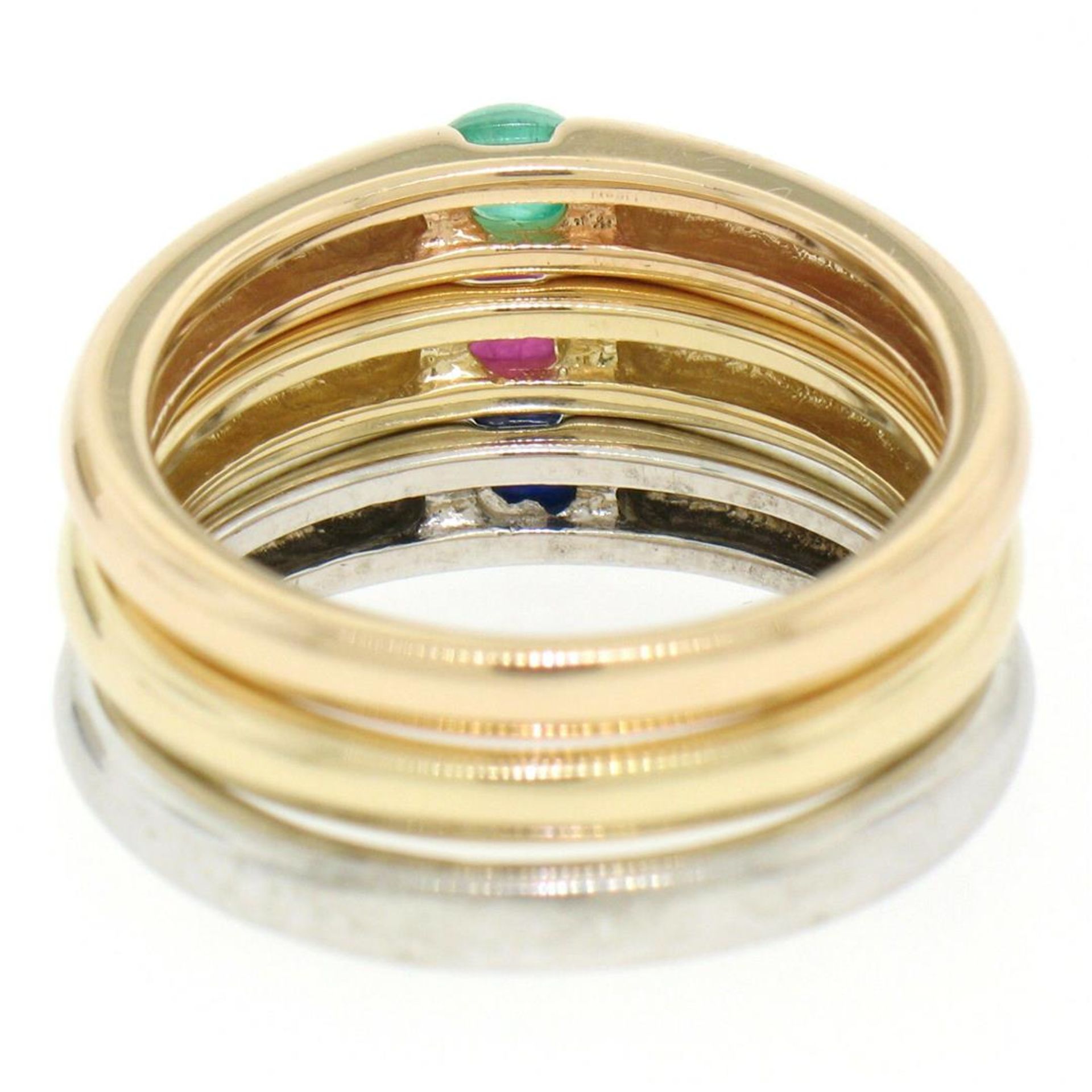 14K Tri Color Gold 3 Stackable Tension Set Emerald Sapphire Ruby Solitaire Rings - Image 3 of 8