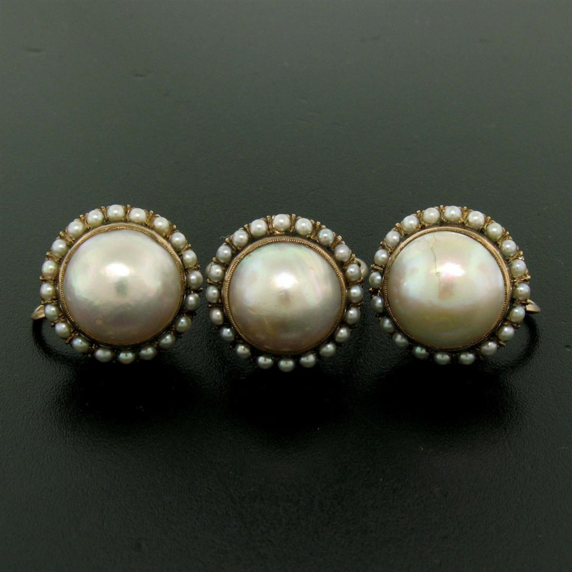 Antique Victorian 10K Rose Gold Bezel Mabe Prong Seed Pearl Ring & Earrings Set - Image 3 of 9