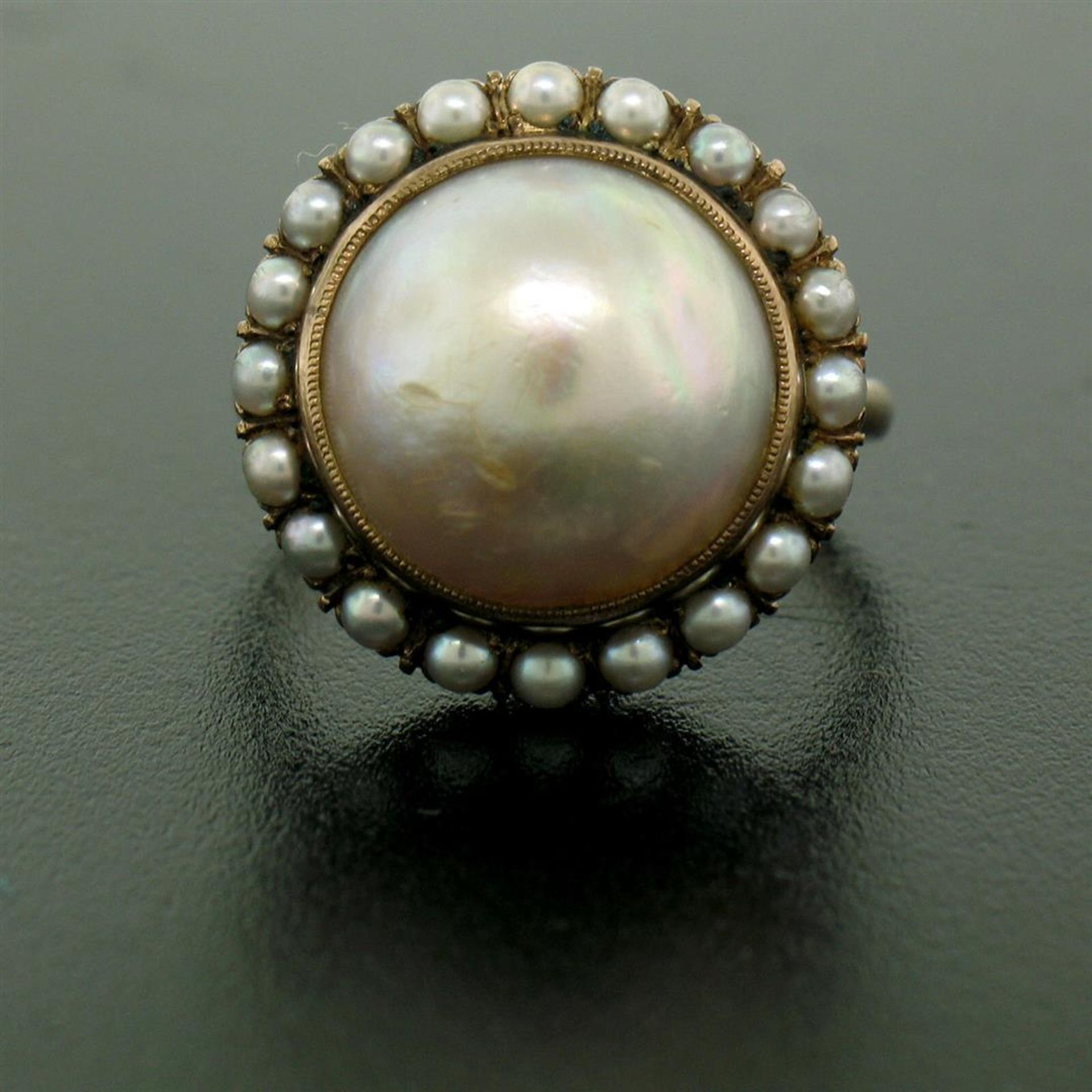 Antique Victorian 10K Rose Gold Bezel Mabe Prong Seed Pearl Ring & Earrings Set - Image 2 of 9