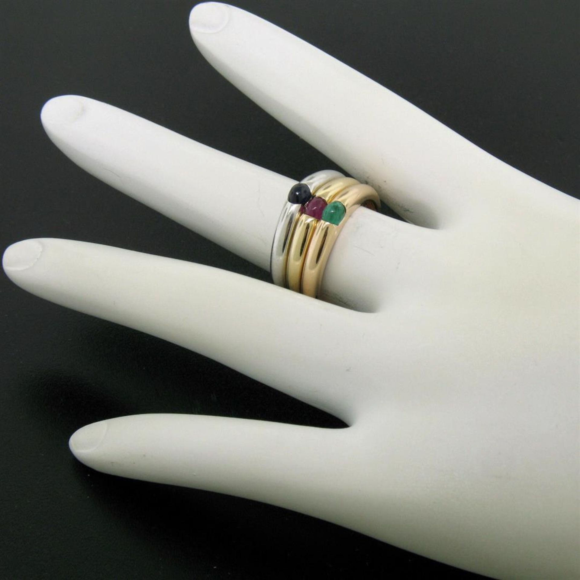 14K Tri Color Gold 3 Stackable Tension Set Emerald Sapphire Ruby Solitaire Rings - Image 5 of 8