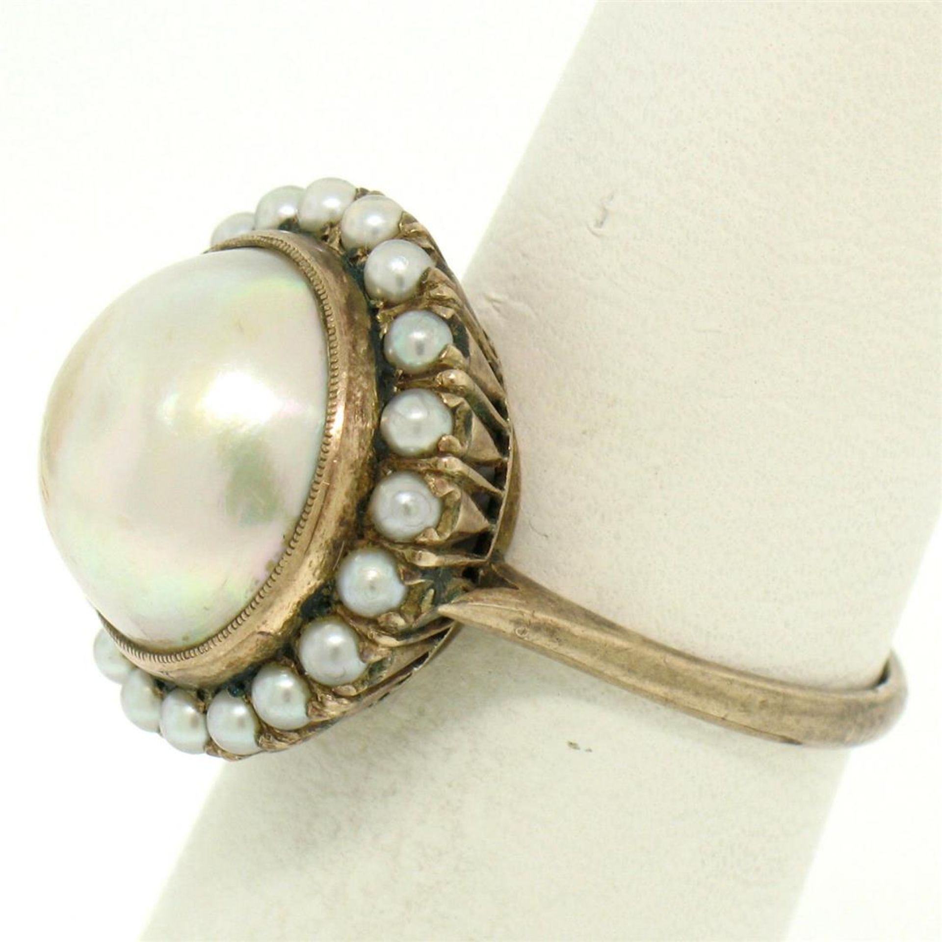 Antique Victorian 10K Rose Gold Bezel Mabe Prong Seed Pearl Ring & Earrings Set - Image 8 of 9