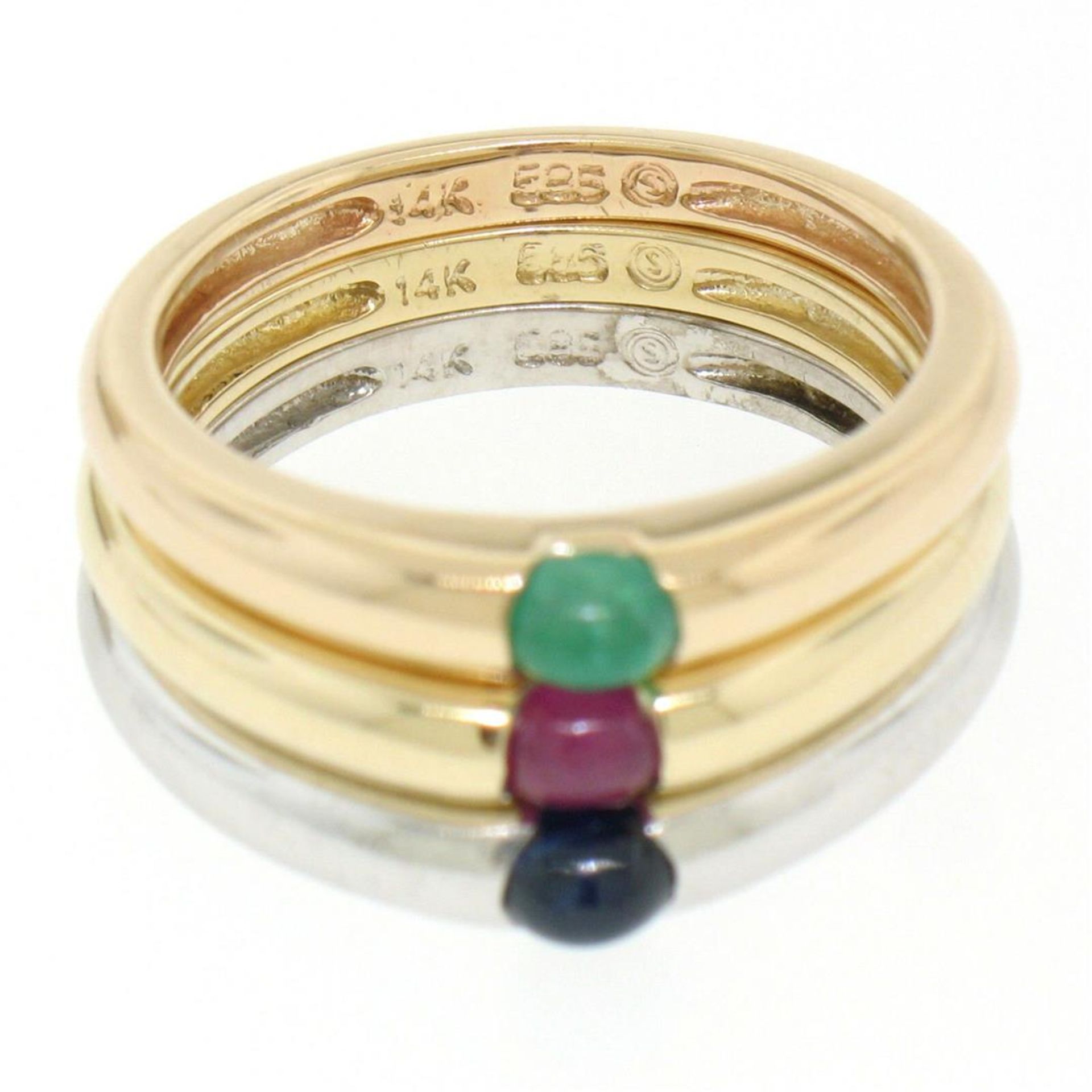 14K Tri Color Gold 3 Stackable Tension Set Emerald Sapphire Ruby Solitaire Rings - Image 2 of 8