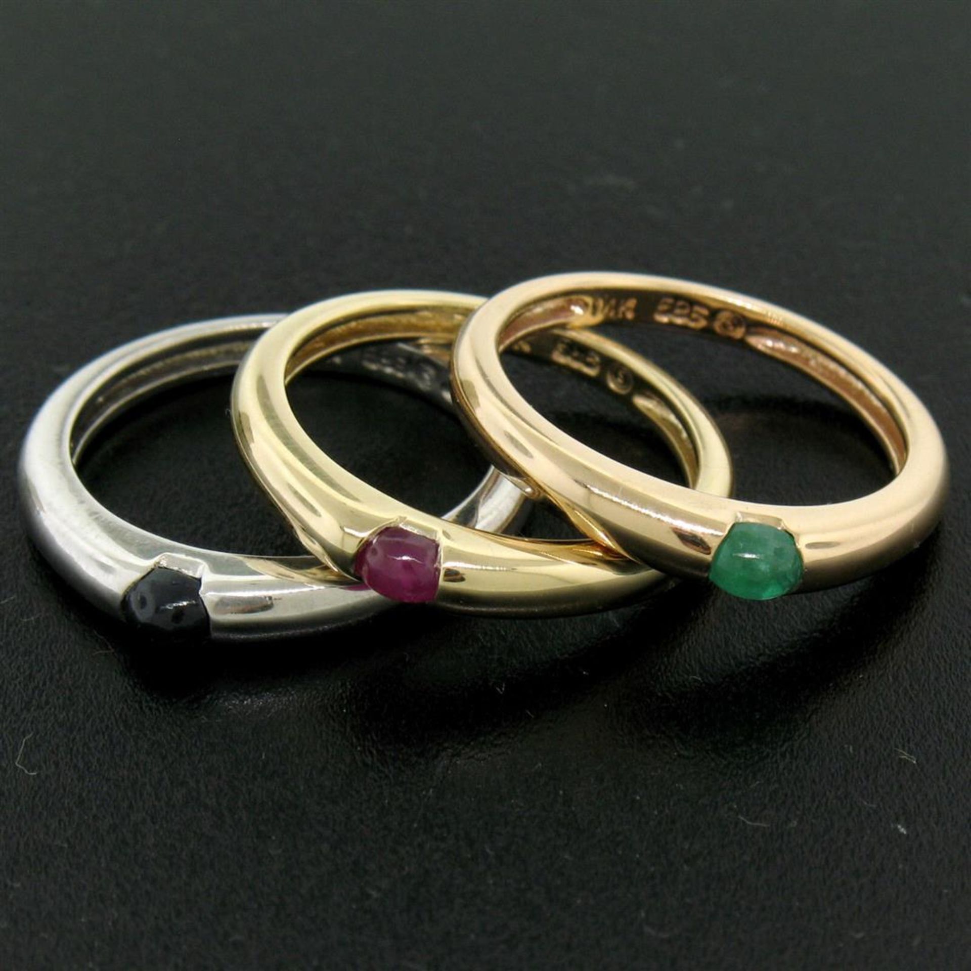 14K Tri Color Gold 3 Stackable Tension Set Emerald Sapphire Ruby Solitaire Rings - Image 4 of 8