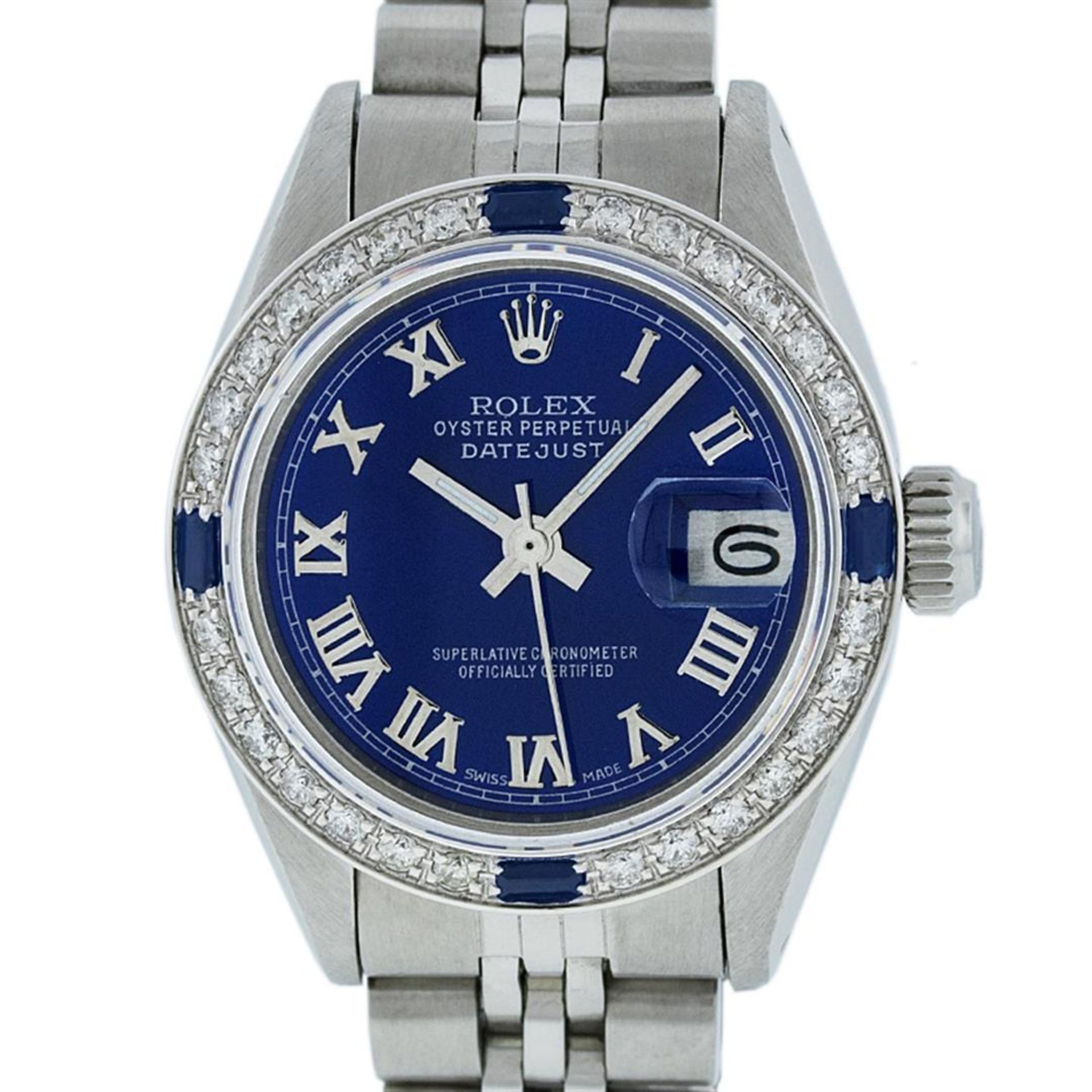 Rolex Ladies Stainless Steel Blue Diamond & Sapphire 26MM Datejust Wristwatch