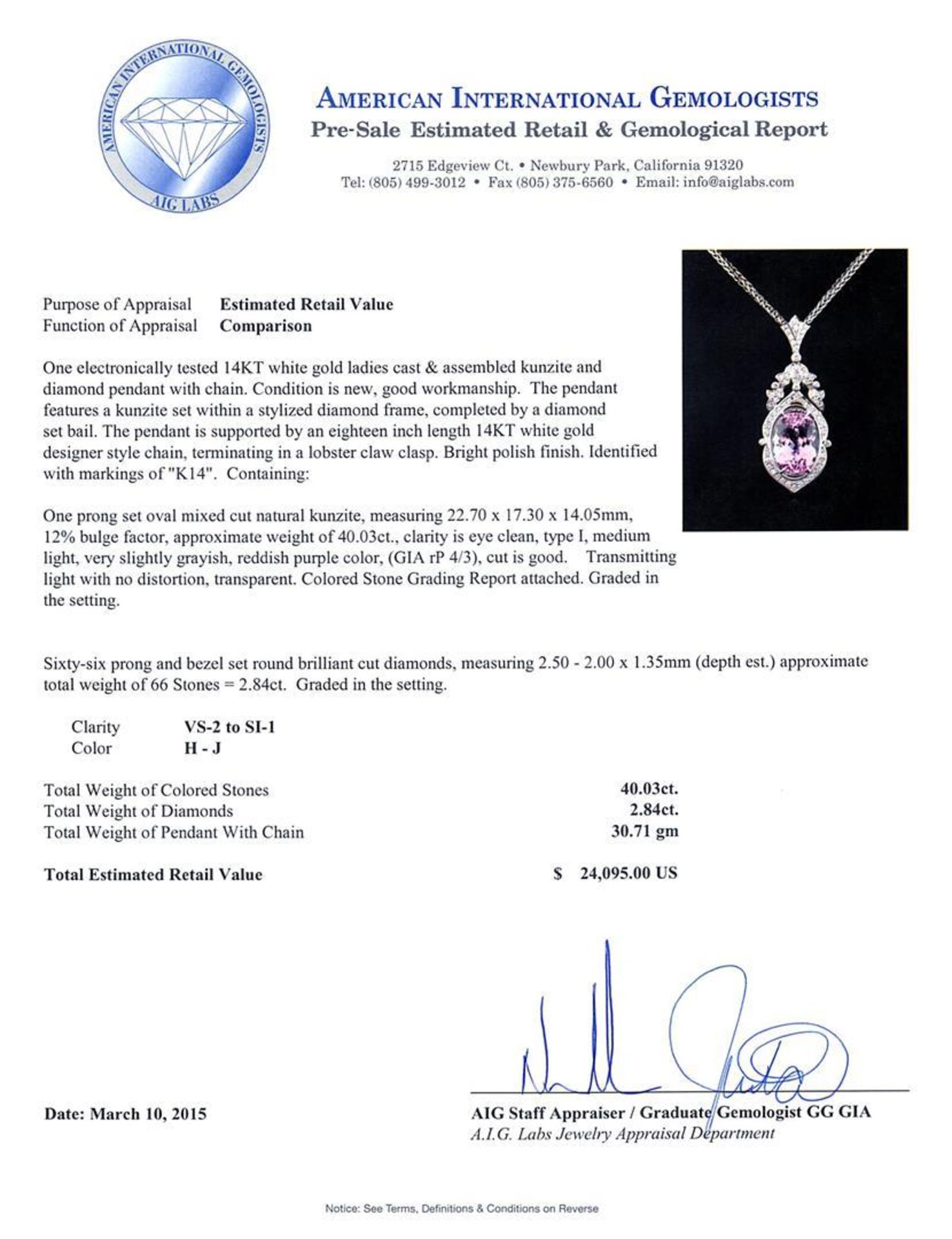 14KT White Gold 40.03 ctw Kunzite and Diamond Pendant With Chain - Image 3 of 4