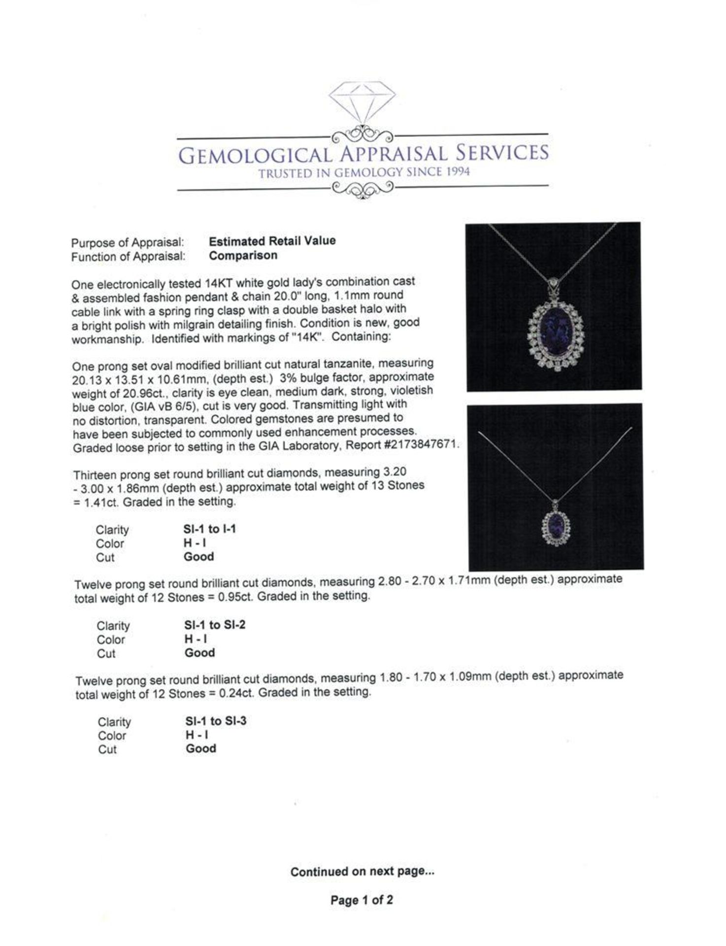 20.96 ctw Tanzanite and Diamond Pendant With Chain - 14KT White Gold - Image 3 of 4