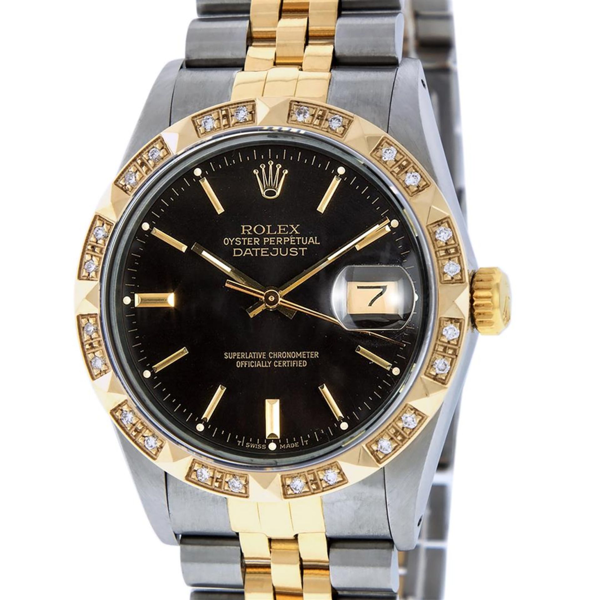 Rolex Mens 2 Tone Black Index Pyramid Diamond Bezel Datejust Wristwatch