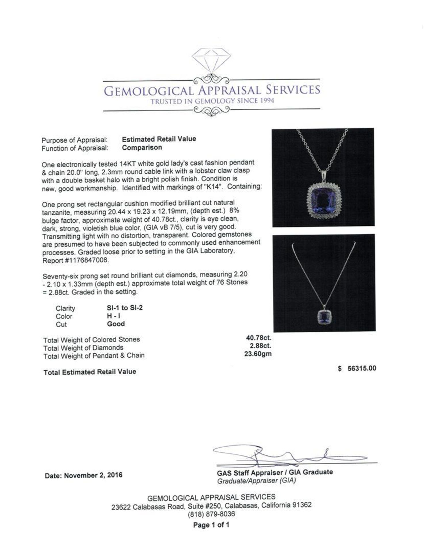 GIA Cert 40.78 ctw Tanzanite and Diamond Pendant With Chain - 14KT White Gold - Image 3 of 4