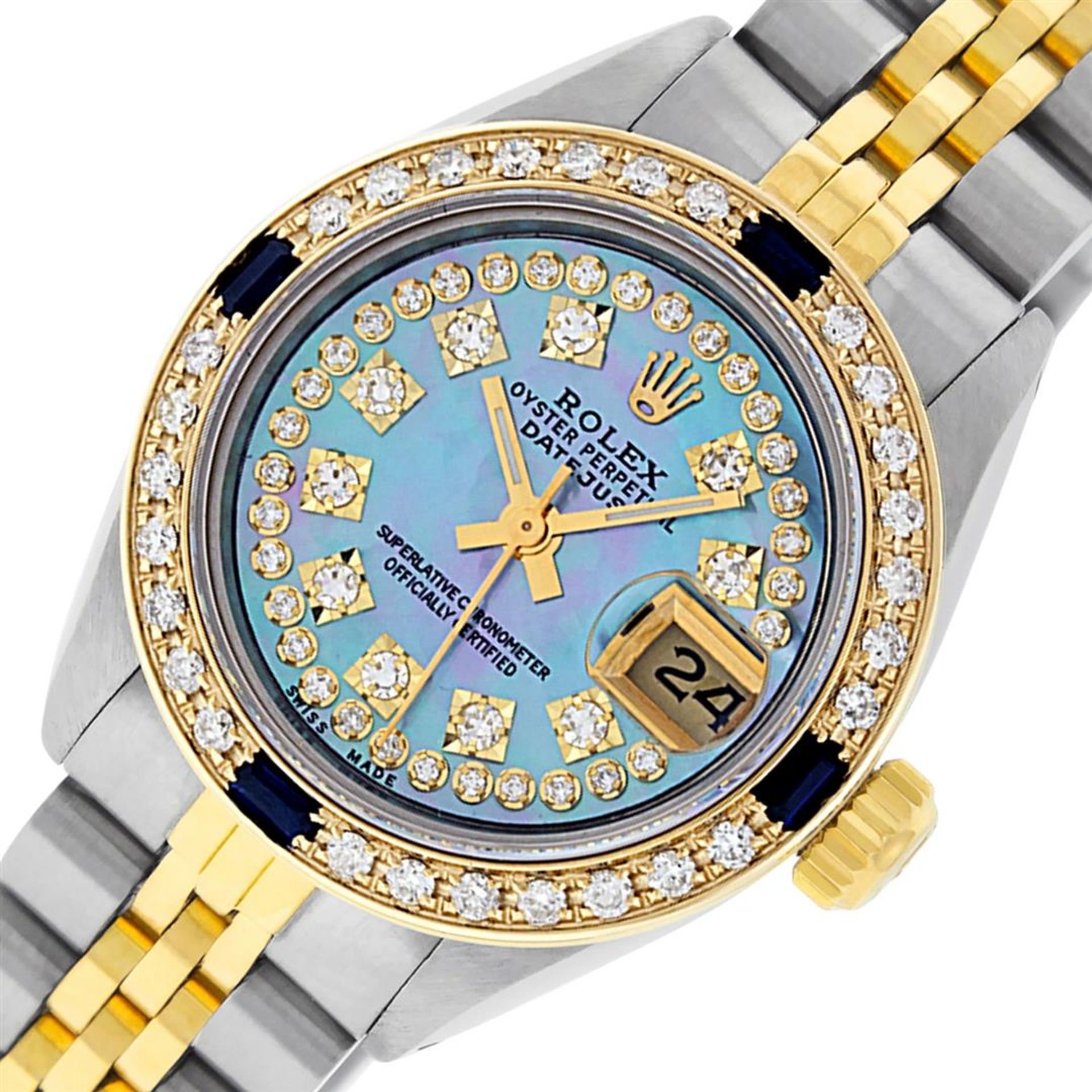 Rolex Ladies 2 Tone Blue MOP Diamond & Sapphire Datejust 26MM Oyster Perpetaul - Image 3 of 9