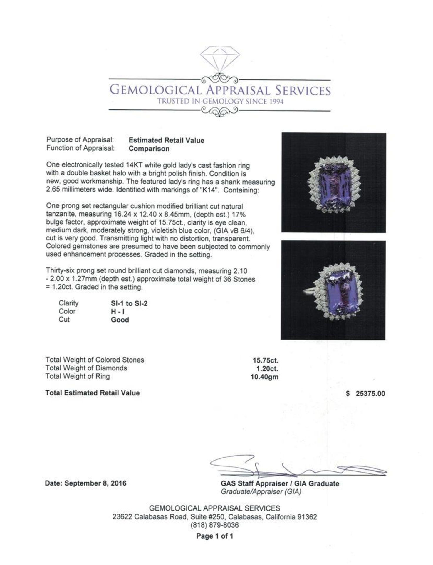 15.75 ctw Tanzanite and Diamond Ring - 14KT White Gold - Image 5 of 5