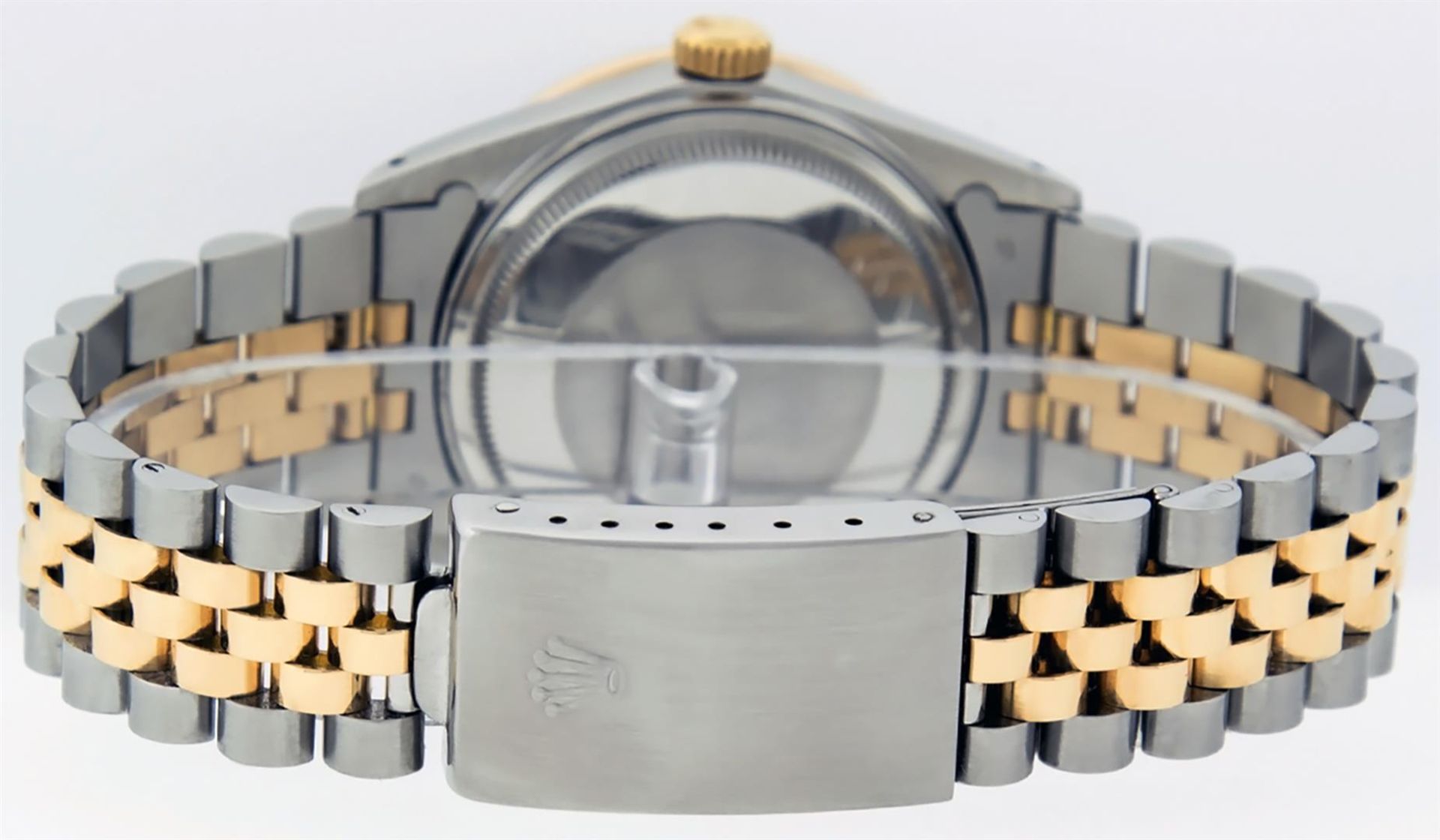Rolex Mens 2 Tone Black Index Pyramid Diamond Bezel Datejust Wristwatch - Image 6 of 9