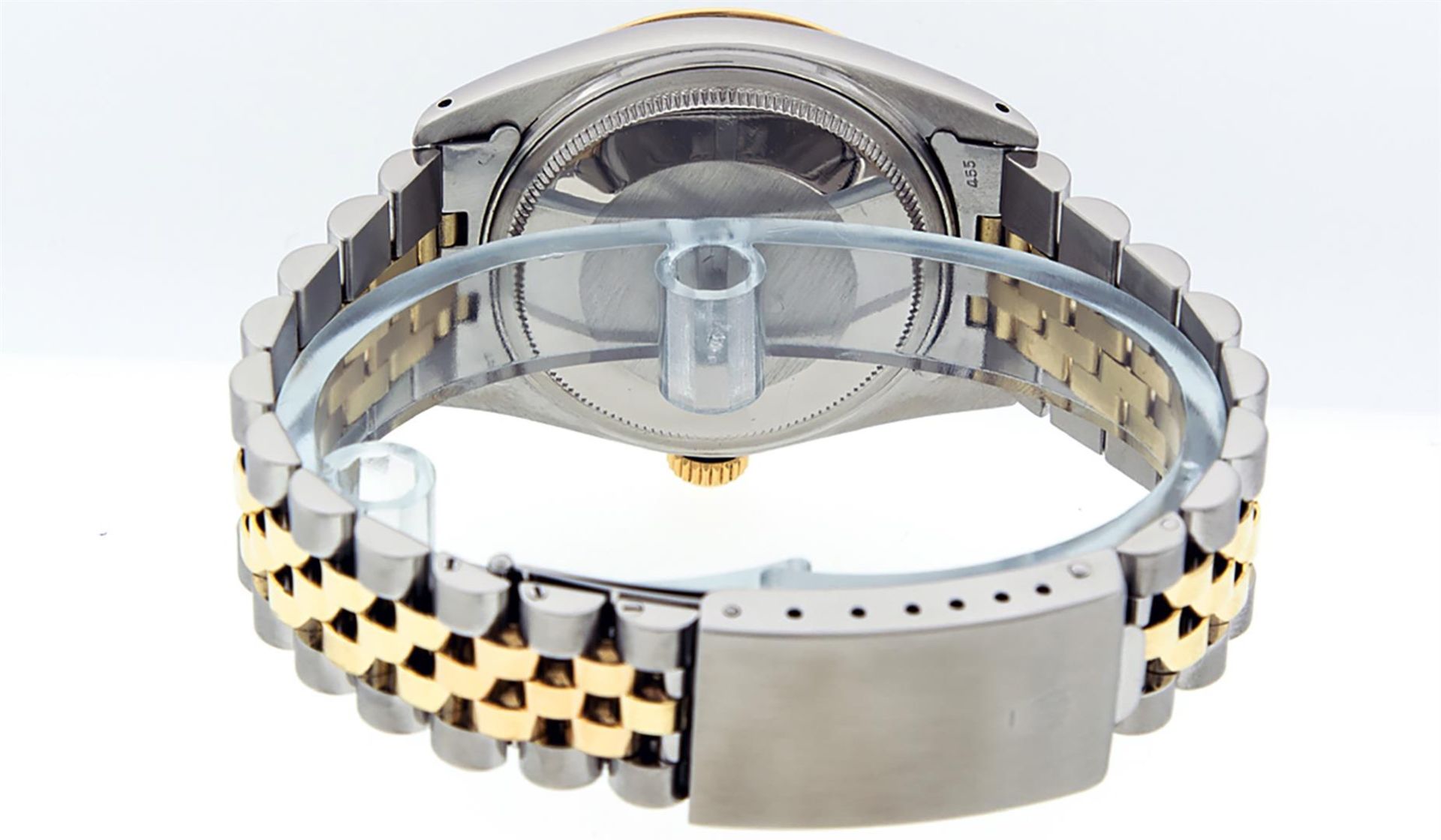 Rolex Mens 2 Tone Black Index Pyramid Diamond Bezel Datejust Wristwatch - Image 9 of 9