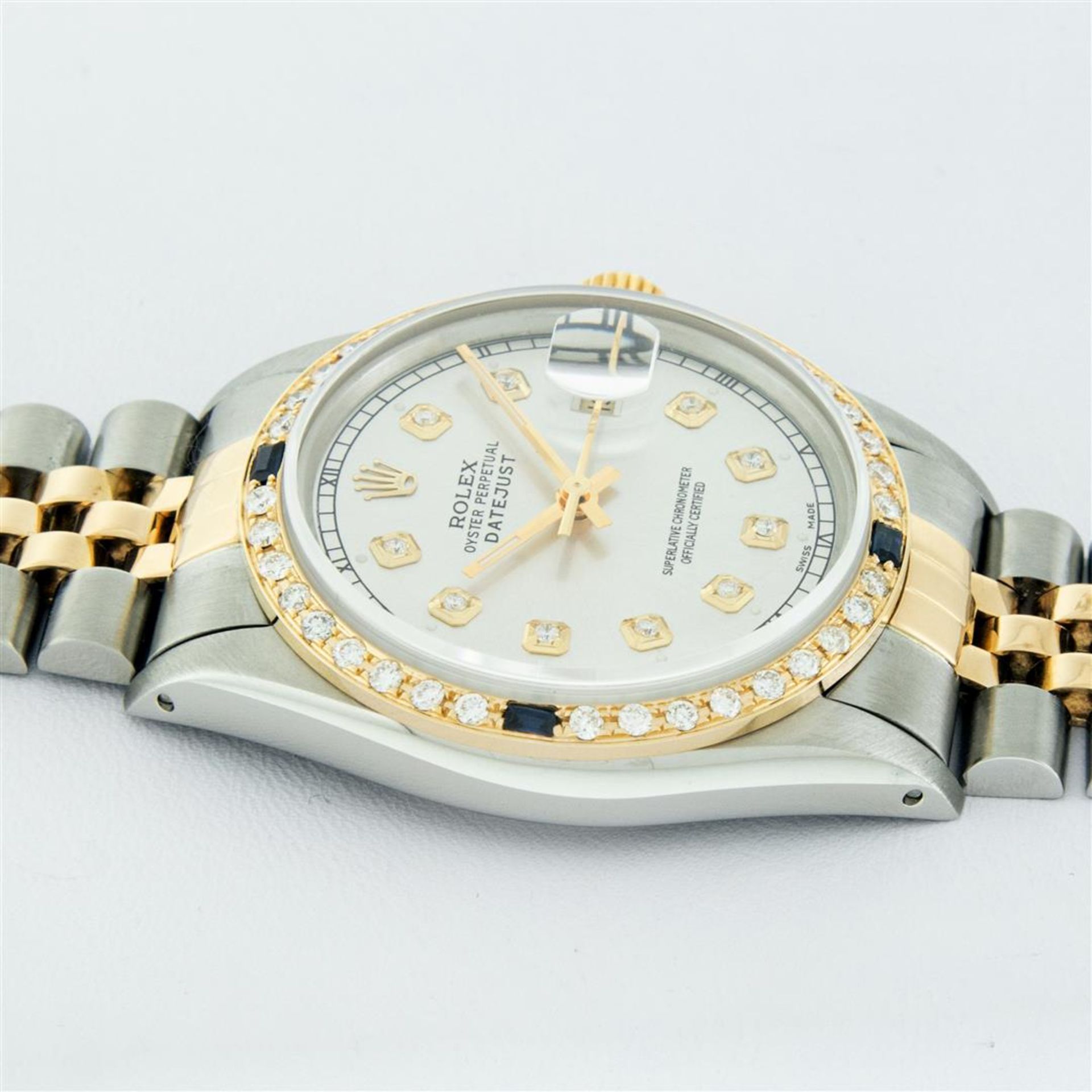 Rolex Mens 2 Tone Silver & Sapphire Diamond 36MM Datejust Oyster Perpetual Wrist - Image 7 of 9