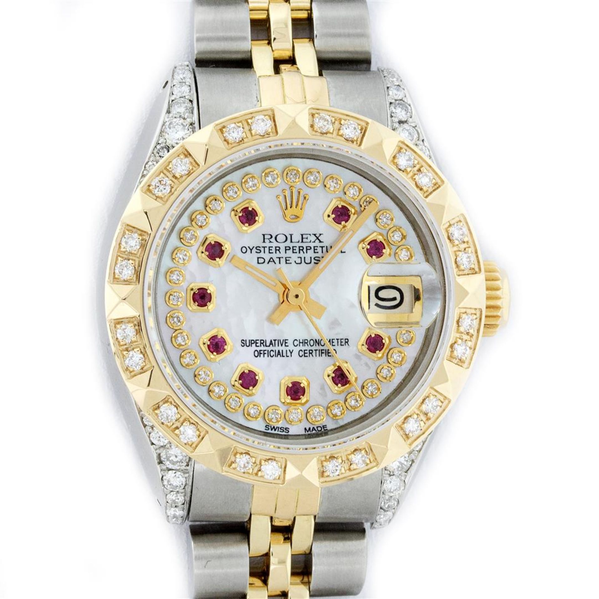 Rolex Ladies 2 Tone MOP Ruby & Pyramid Diamond Lugs Oyster Perpetual Datejust Wr