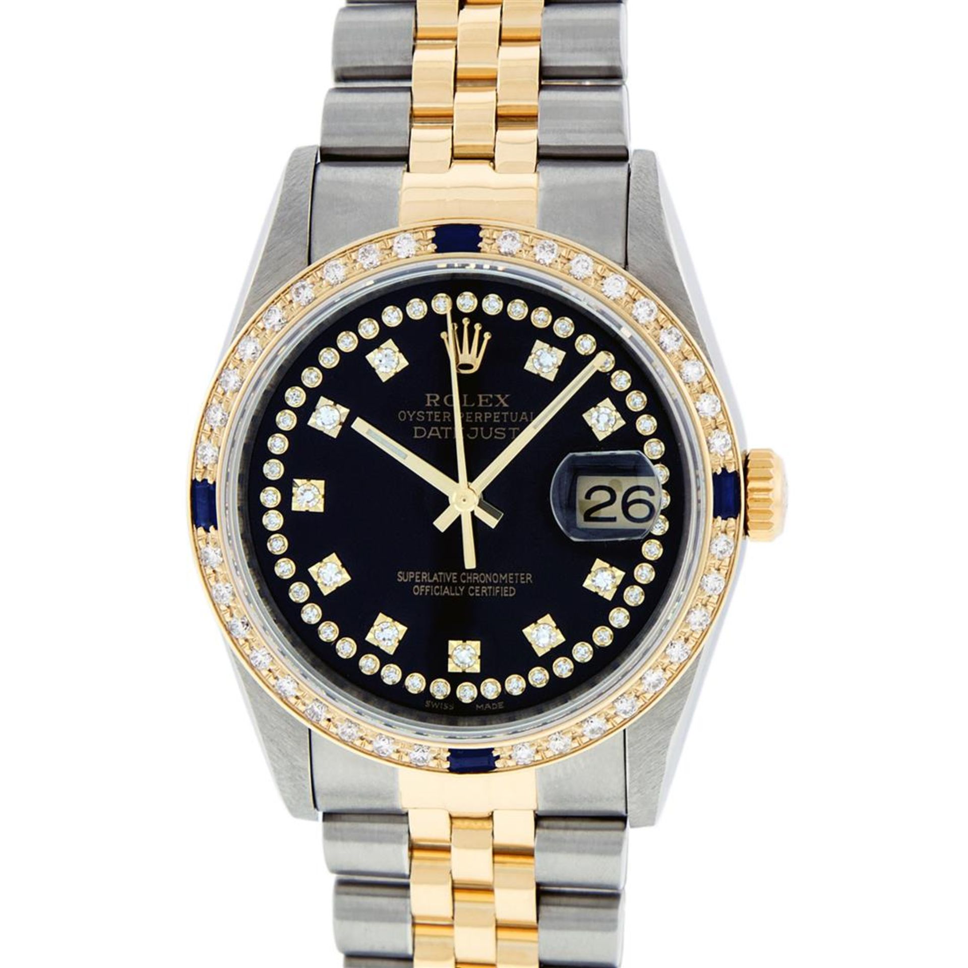 Rolex Mens 2 Tone Black String Diamond & Sapphire 36MM Datejust Wristwatch - Image 3 of 9