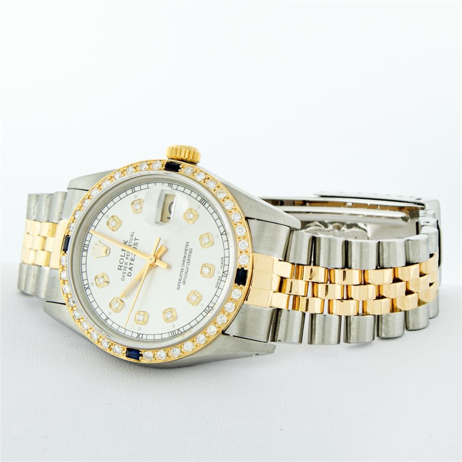 Rolex Mens 2 Tone Silver & Sapphire Diamond 36MM Datejust Oyster Perpetual Wrist - Image 4 of 9