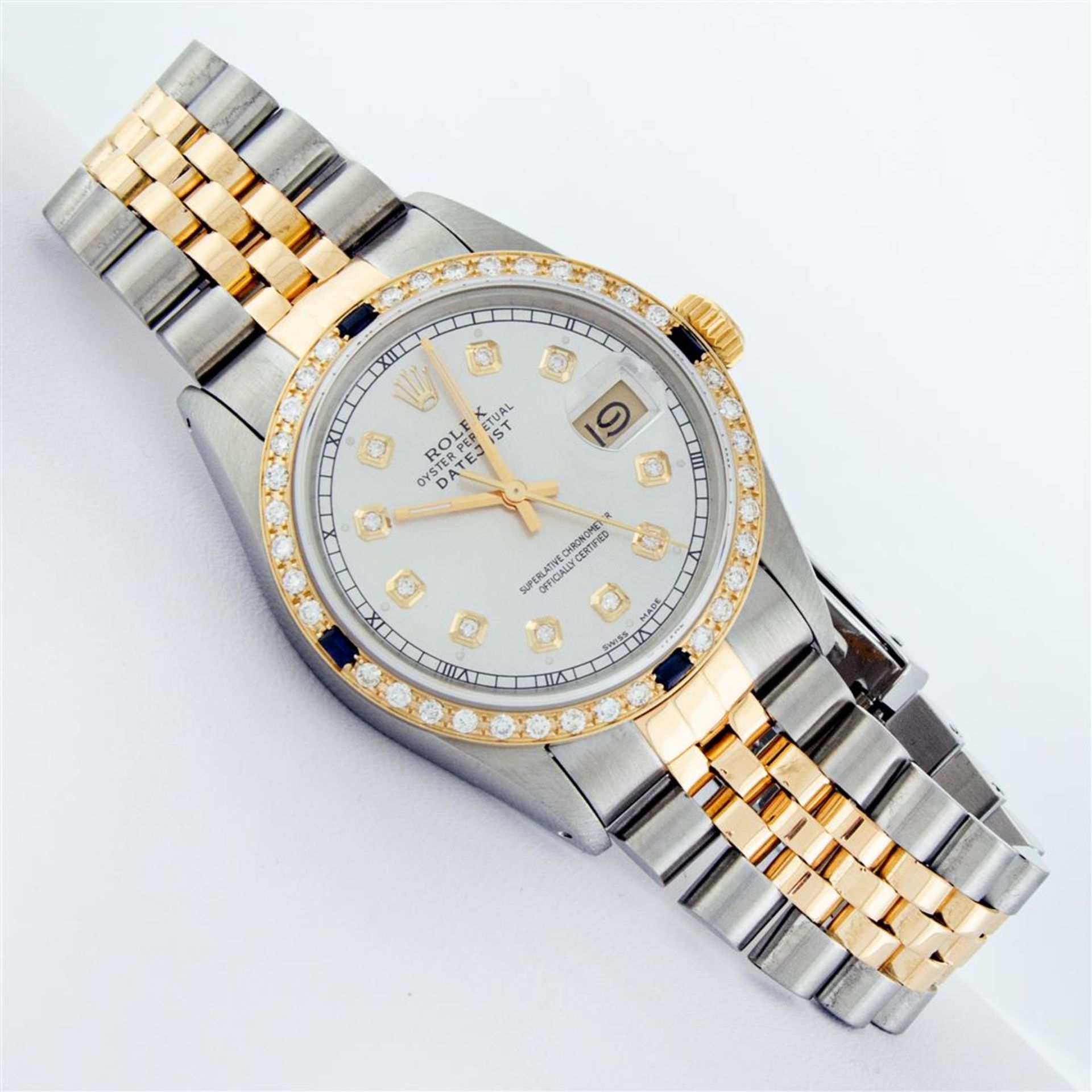 Rolex Mens 2 Tone Silver & Sapphire Diamond 36MM Datejust Oyster Perpetual Wrist - Image 3 of 9