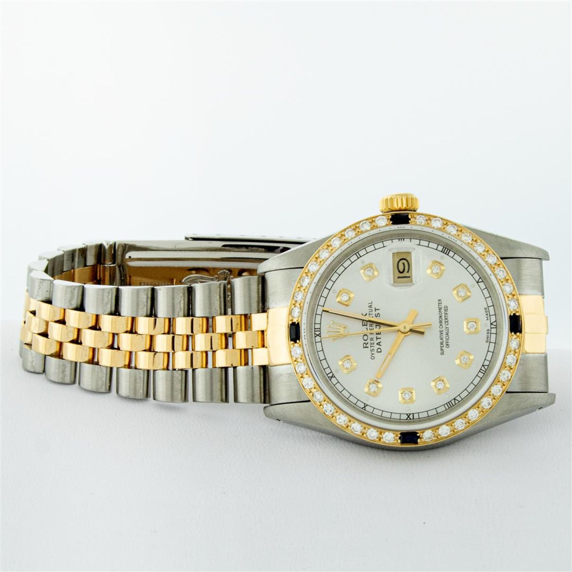 Rolex Mens 2 Tone Silver & Sapphire Diamond 36MM Datejust Oyster Perpetual Wrist - Image 5 of 9