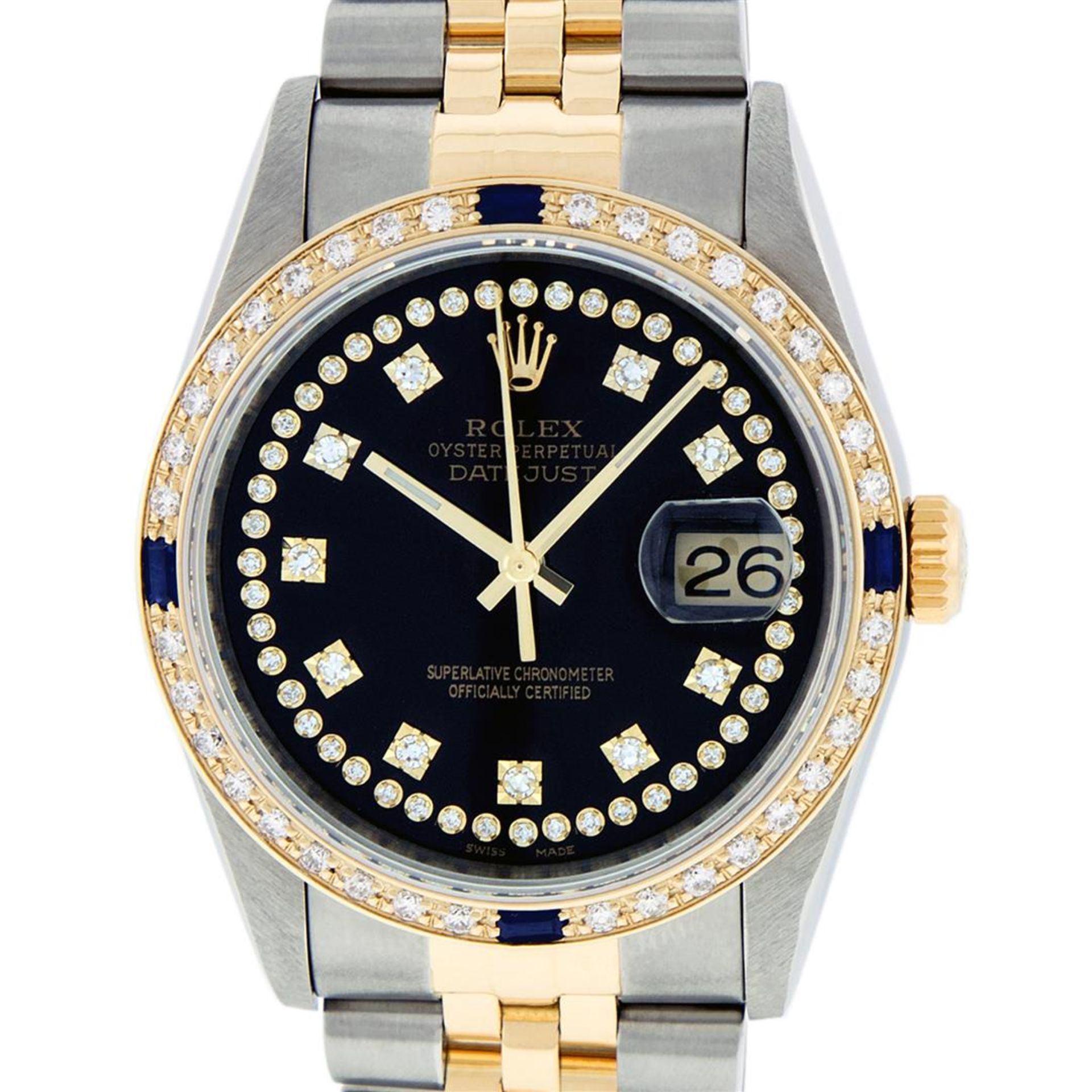 Rolex Mens 2 Tone Black String Diamond & Sapphire 36MM Datejust Wristwatch