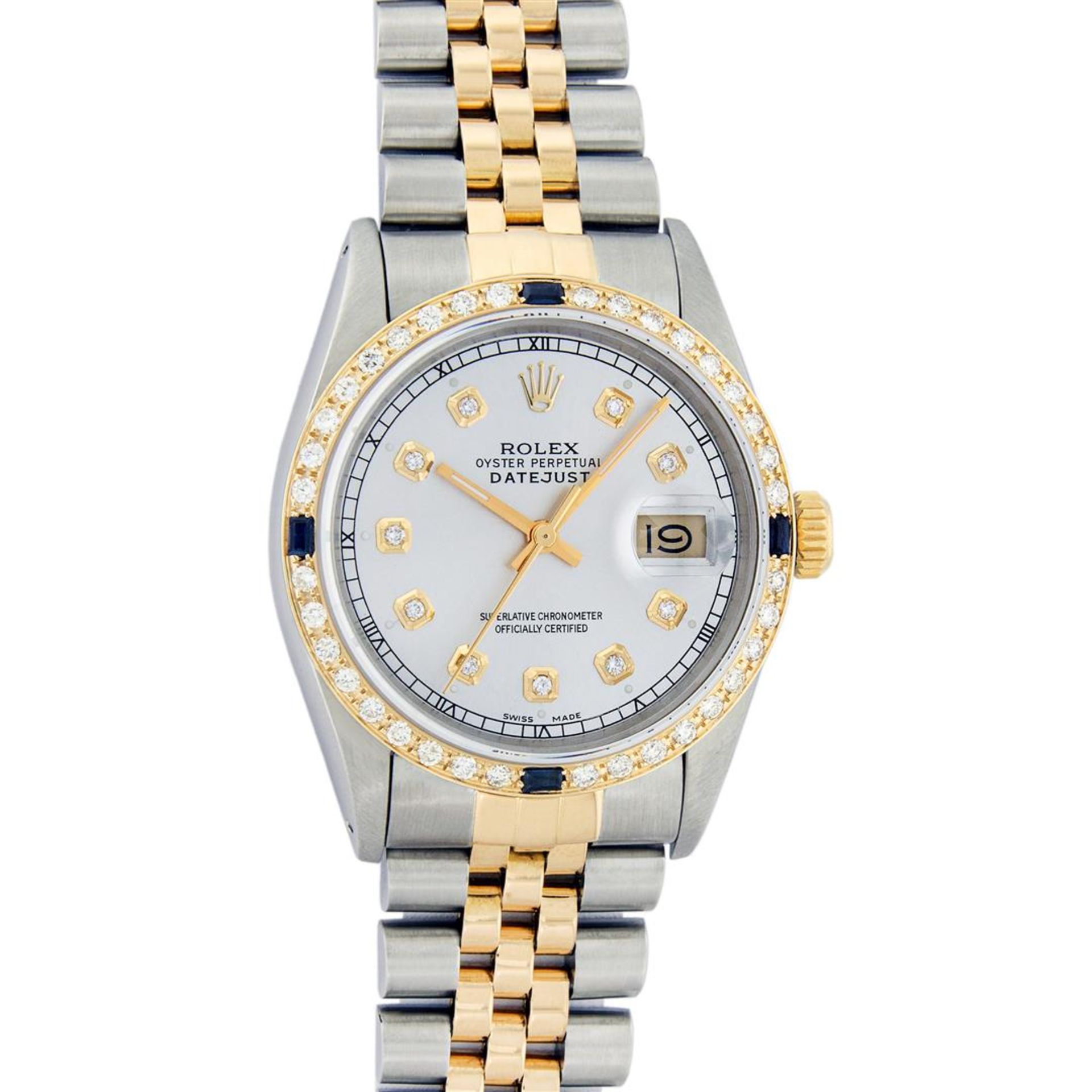 Rolex Mens 2 Tone Silver & Sapphire Diamond 36MM Datejust Oyster Perpetual Wrist - Image 2 of 9