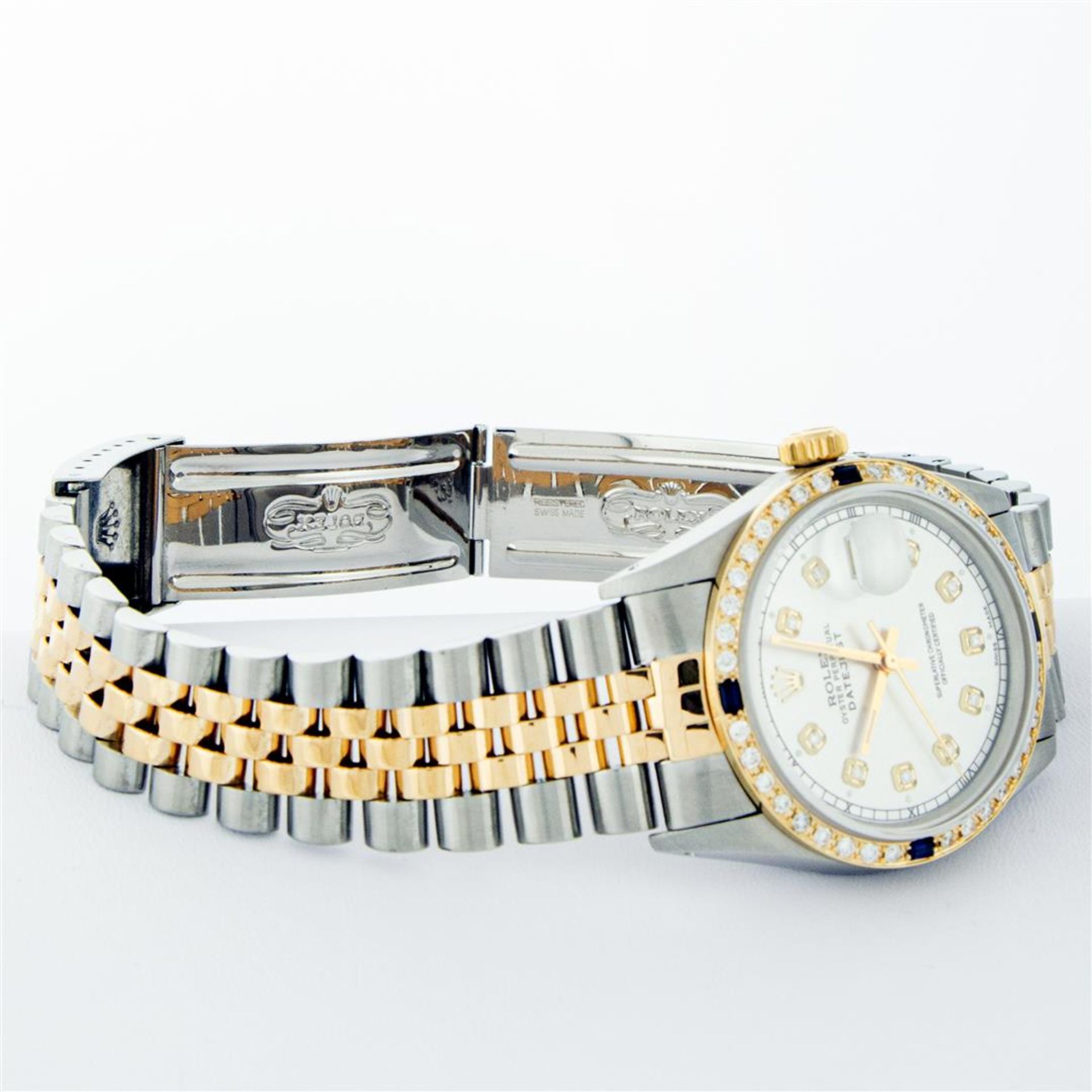 Rolex Mens 2 Tone Silver & Sapphire Diamond 36MM Datejust Oyster Perpetual Wrist - Image 6 of 9