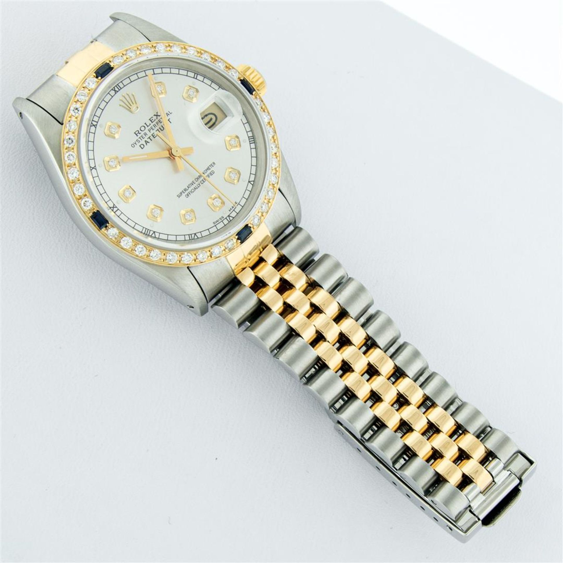 Rolex Mens 2 Tone Silver & Sapphire Diamond 36MM Datejust Oyster Perpetual Wrist - Image 8 of 9