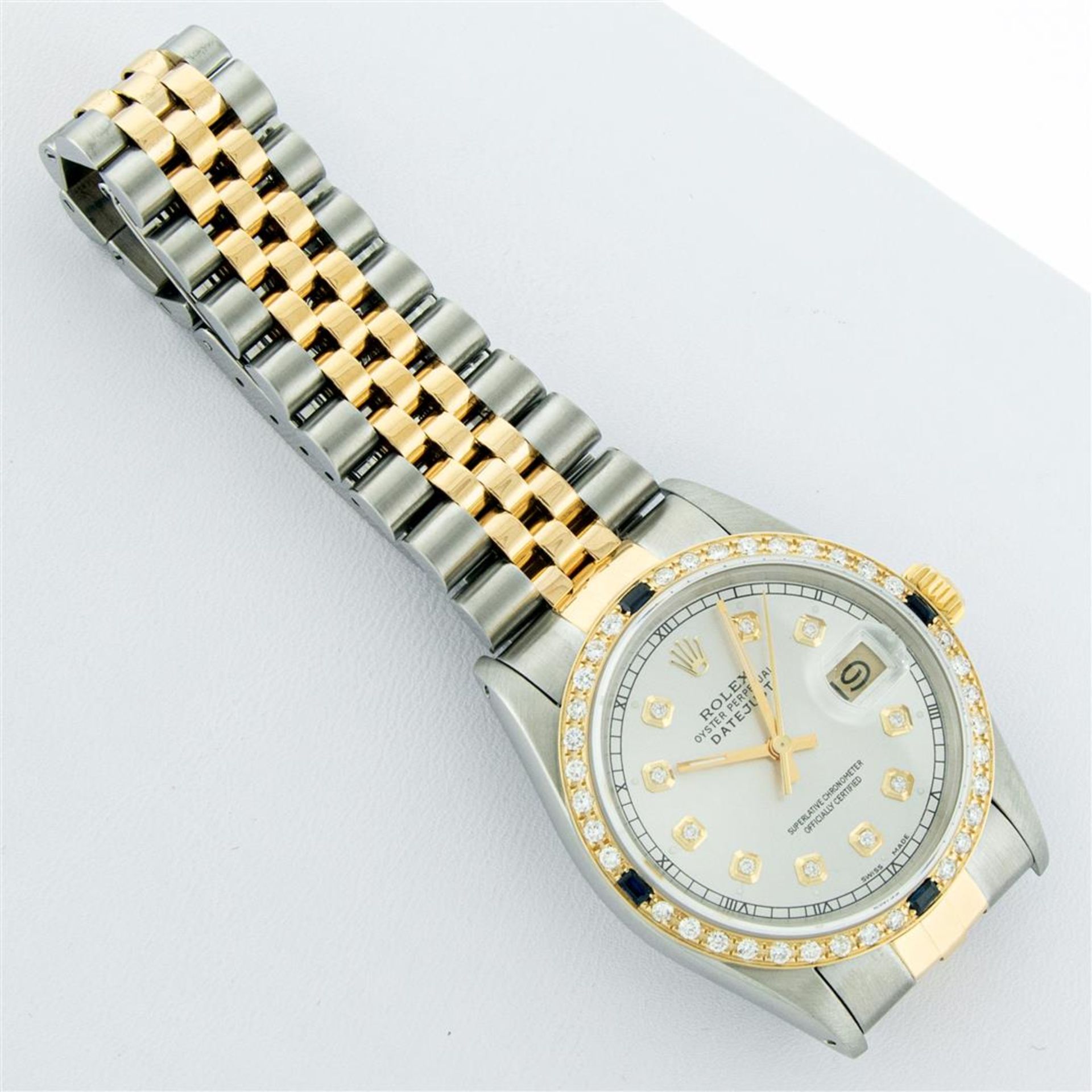 Rolex Mens 2 Tone Silver & Sapphire Diamond 36MM Datejust Oyster Perpetual Wrist - Image 9 of 9