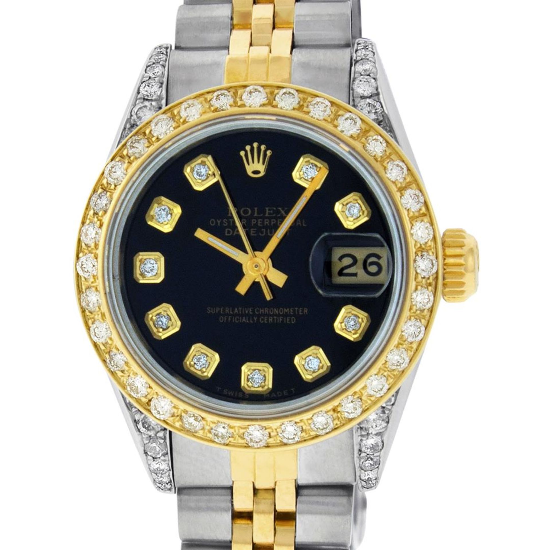 Rolex Ladies 2 Tone 18K Black Diamond Lugs Datejust Wristwatch 26MM Oyster Perpe
