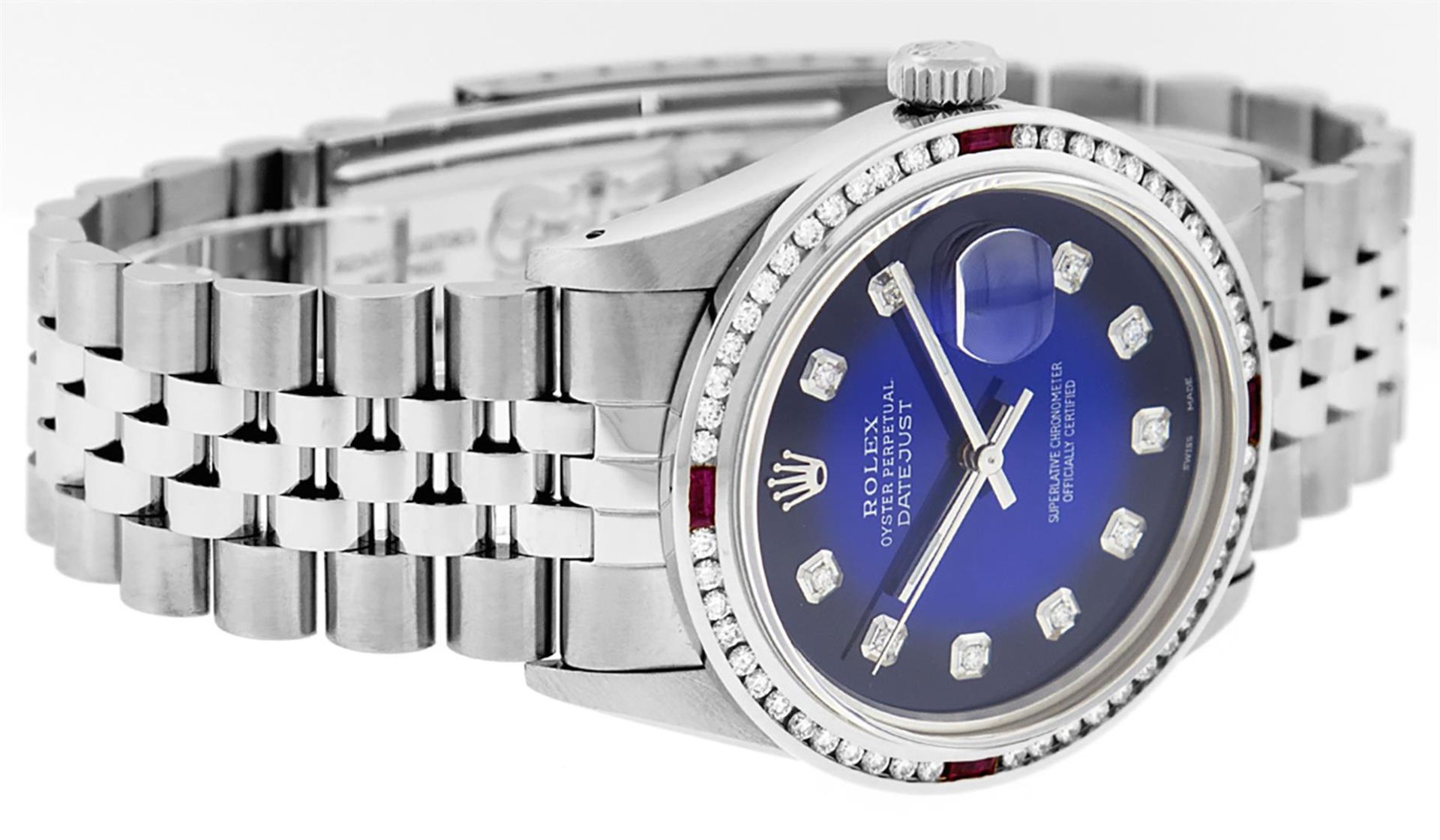 Rolex Mens SS Blue Vignette Diamond & Ruby Channel Set Diamond Datejust Wristwat - Image 3 of 9