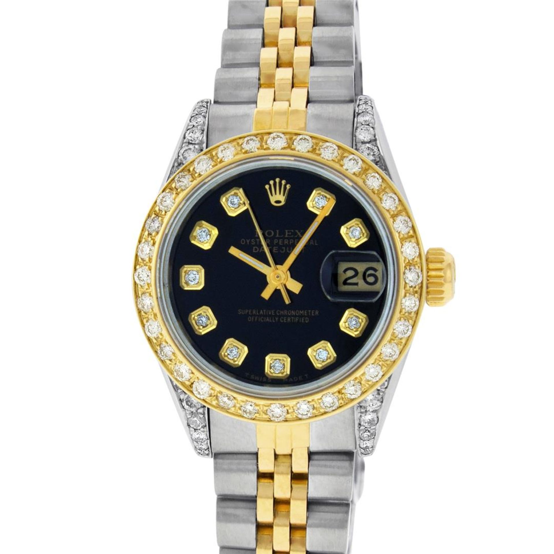Rolex Ladies 2 Tone 18K Black Diamond Lugs Datejust Wristwatch 26MM Oyster Perpe - Image 2 of 9