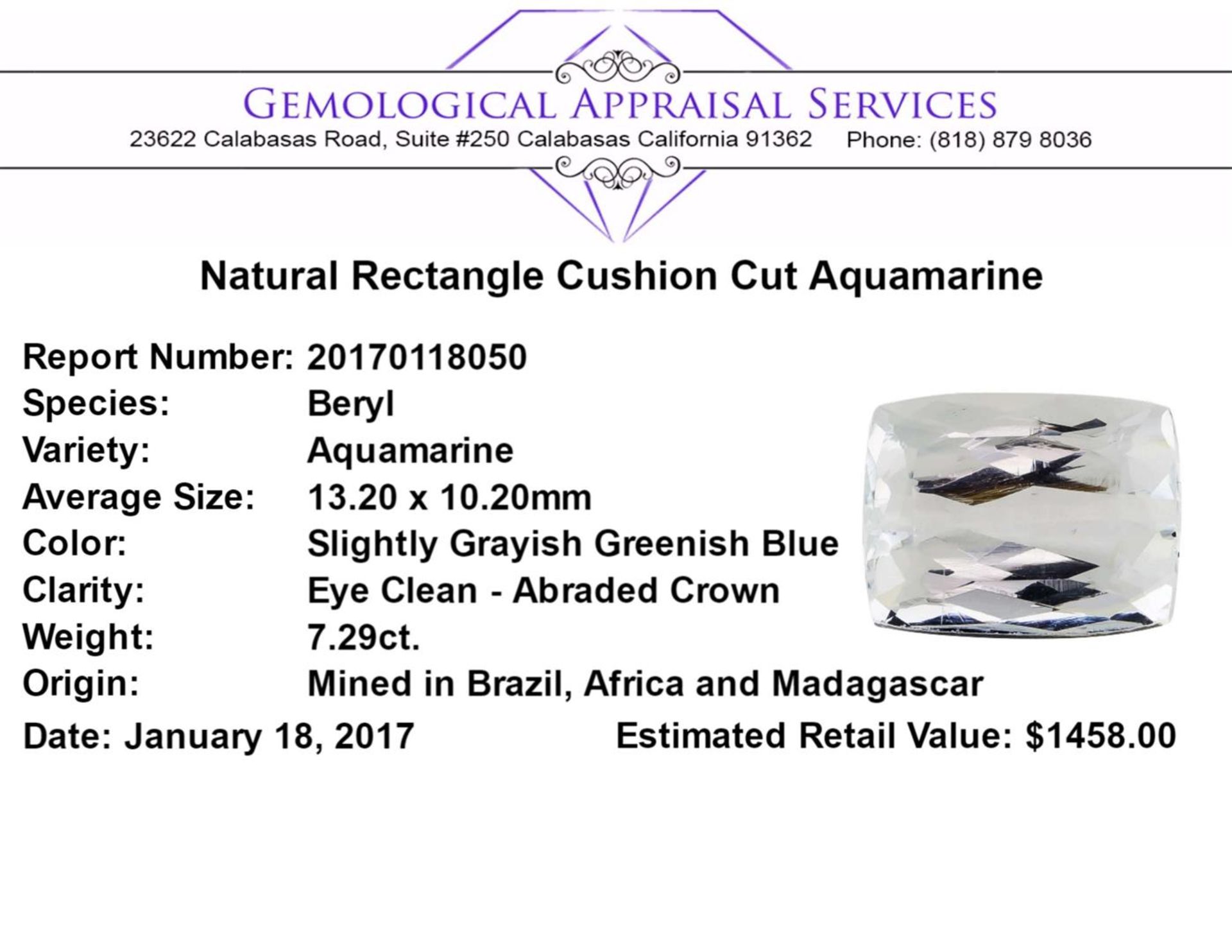7.29ct.Natural Rectangle Cushion Cut Aquamarine - Image 2 of 2