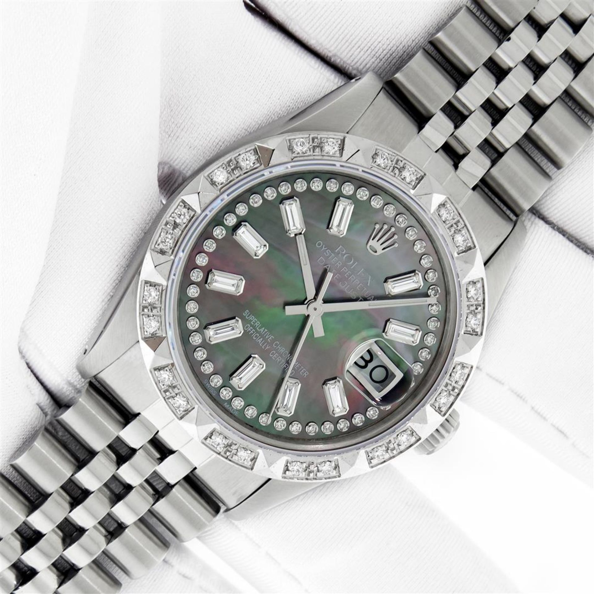 Rolex Mens Stainless Steel Black MOP Baguette Diamond 36MM Datejust Wristwatch W - Image 2 of 9