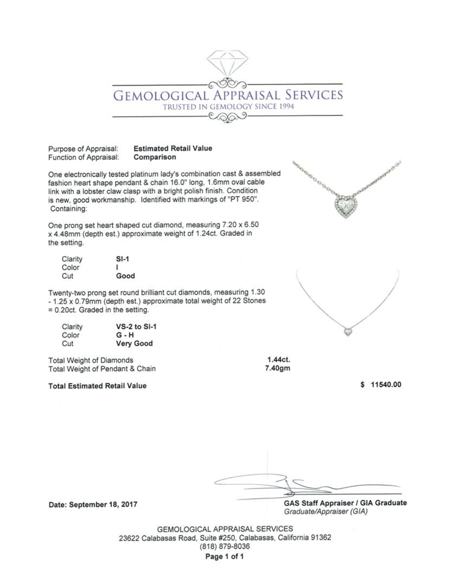 1.44 ctw Diamond Pendant & Chain - Platinum - Image 3 of 3