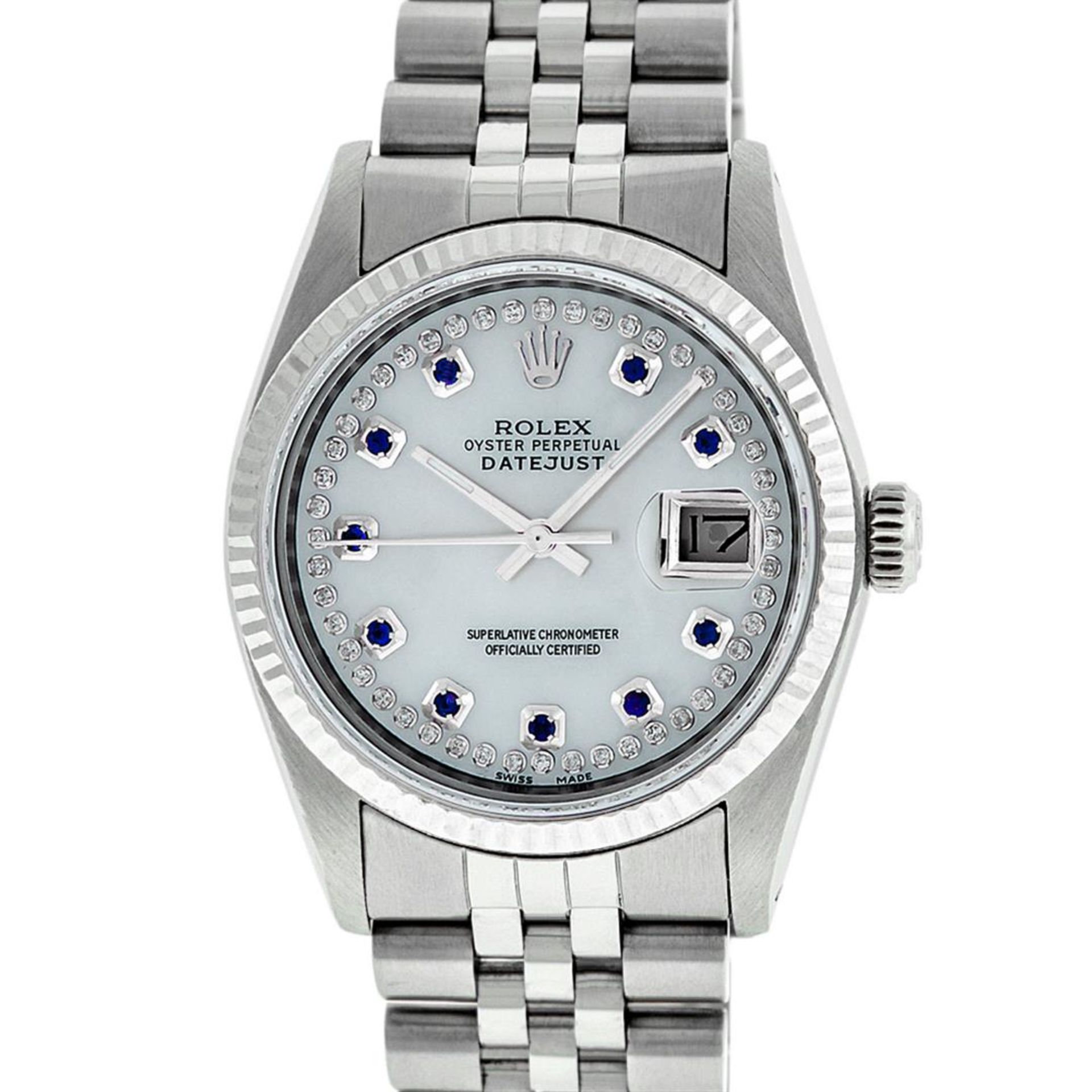 Rolex Mens Stainless Steel Mother Of Pearl Diamond & Sapphire Datejust Wristwatc - Image 2 of 8