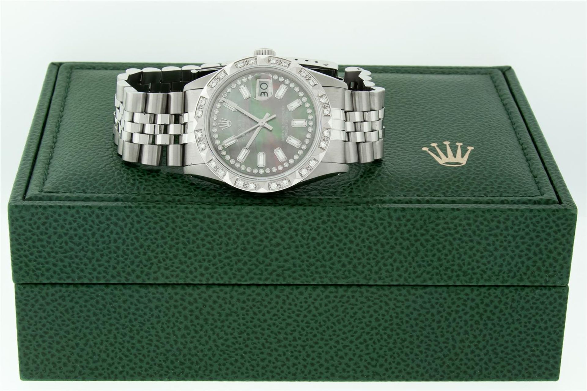 Rolex Mens Stainless Steel Black MOP Baguette Diamond 36MM Datejust Wristwatch W - Image 5 of 9