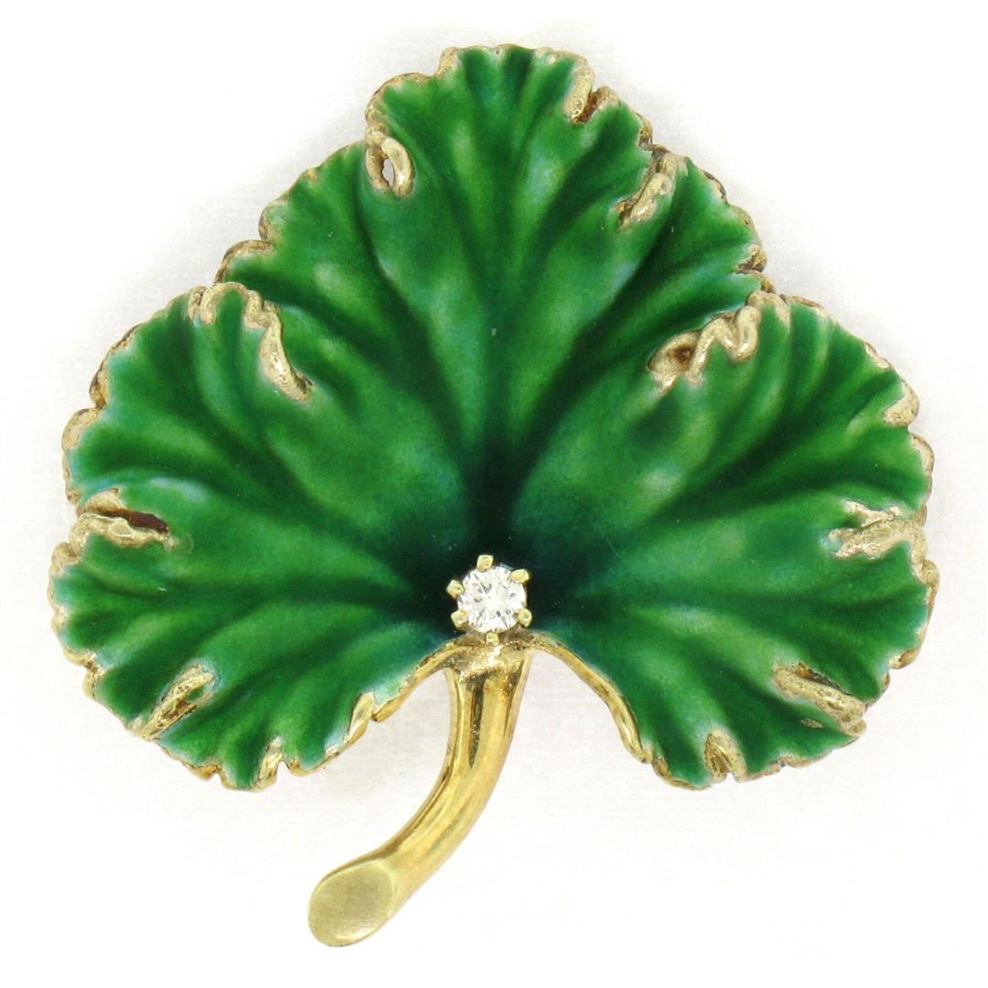 Unique Omega Vintage 14K Yellow Gold Green Enamel & Diamond Detailed Leaf Brooch - Image 3 of 8