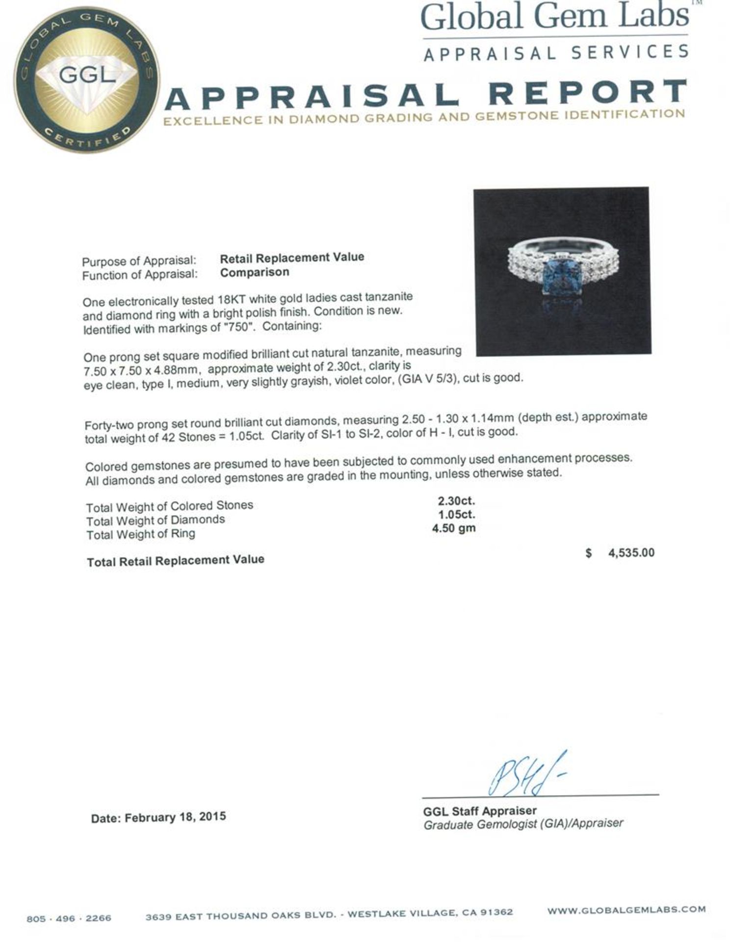 18KT White Gold 2.30 ctw Tanzanite and Diamond Ring - Image 5 of 5